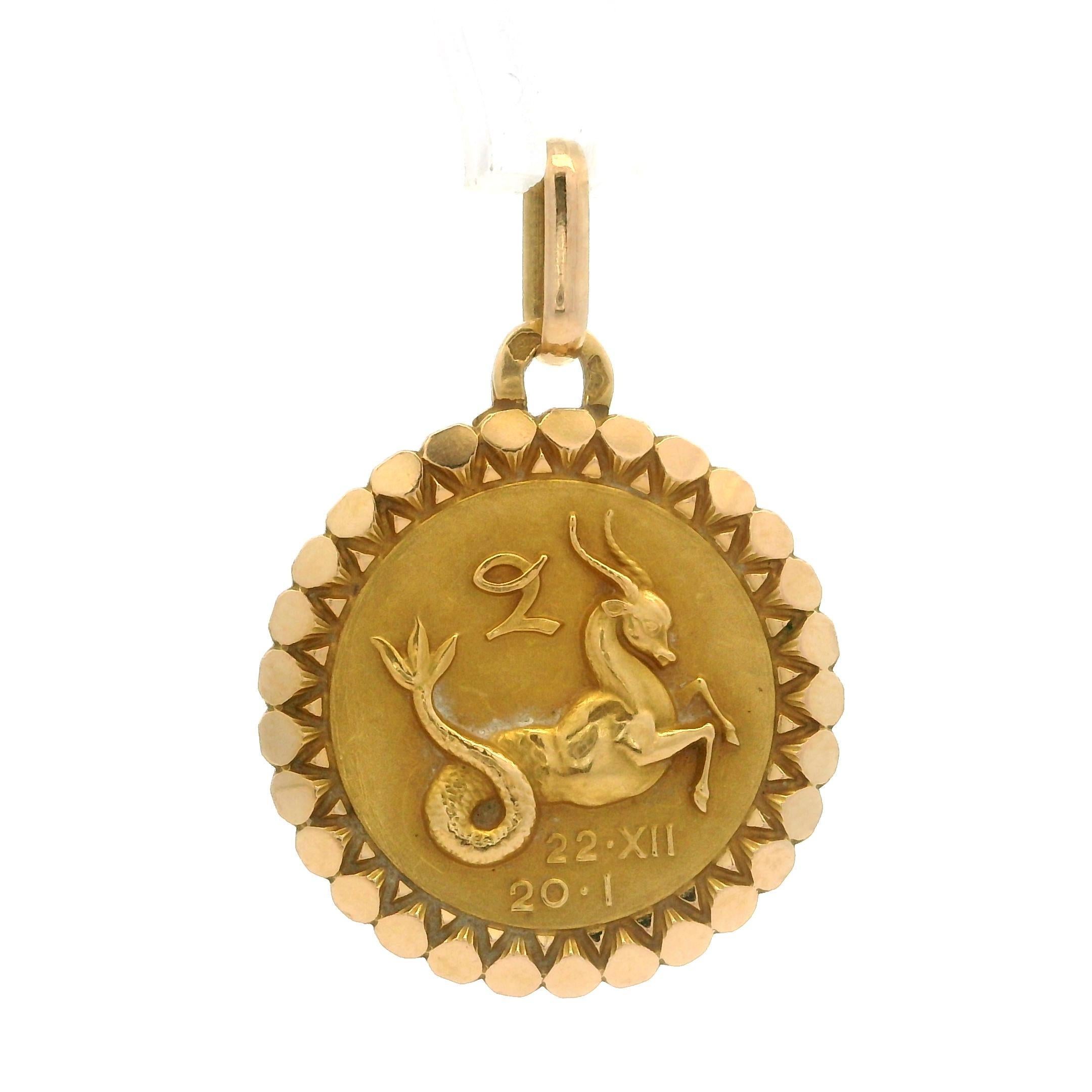 Women's Vintage Perroud French 18k Yellow Gold Capricorn Zodiac Medallion Charm Pendant