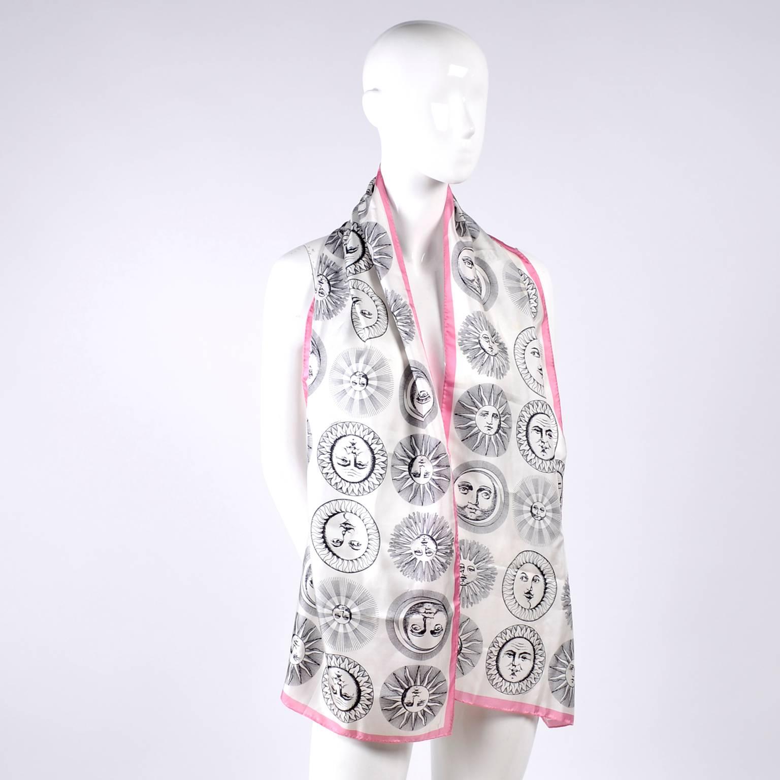 Gray Perry Ellis Vintage Silk Scarf in Abstract Black and White With Sun Face Print