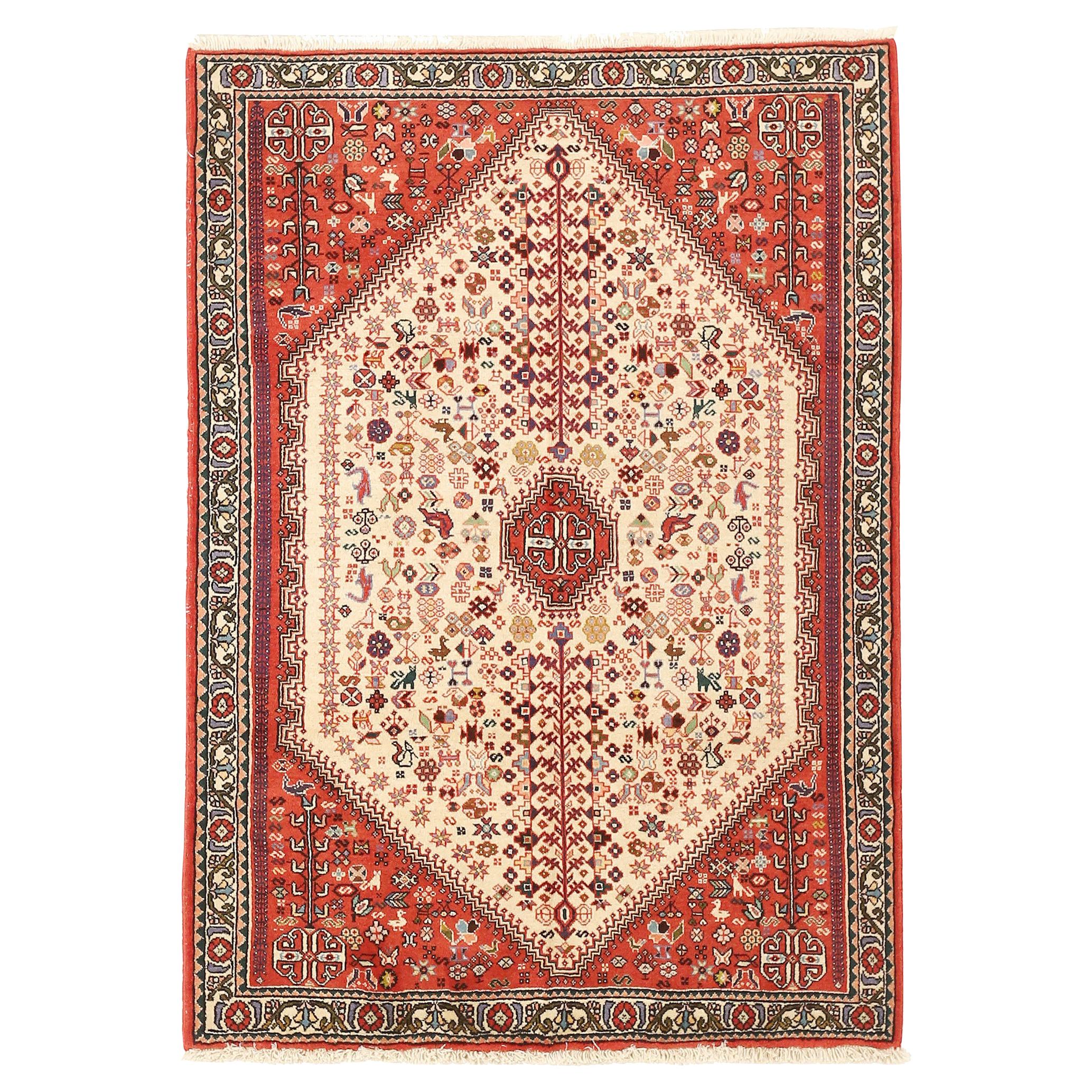 Vintage Persian Abadeh Rug with Ivory Diamond Medallion on Red Center Field