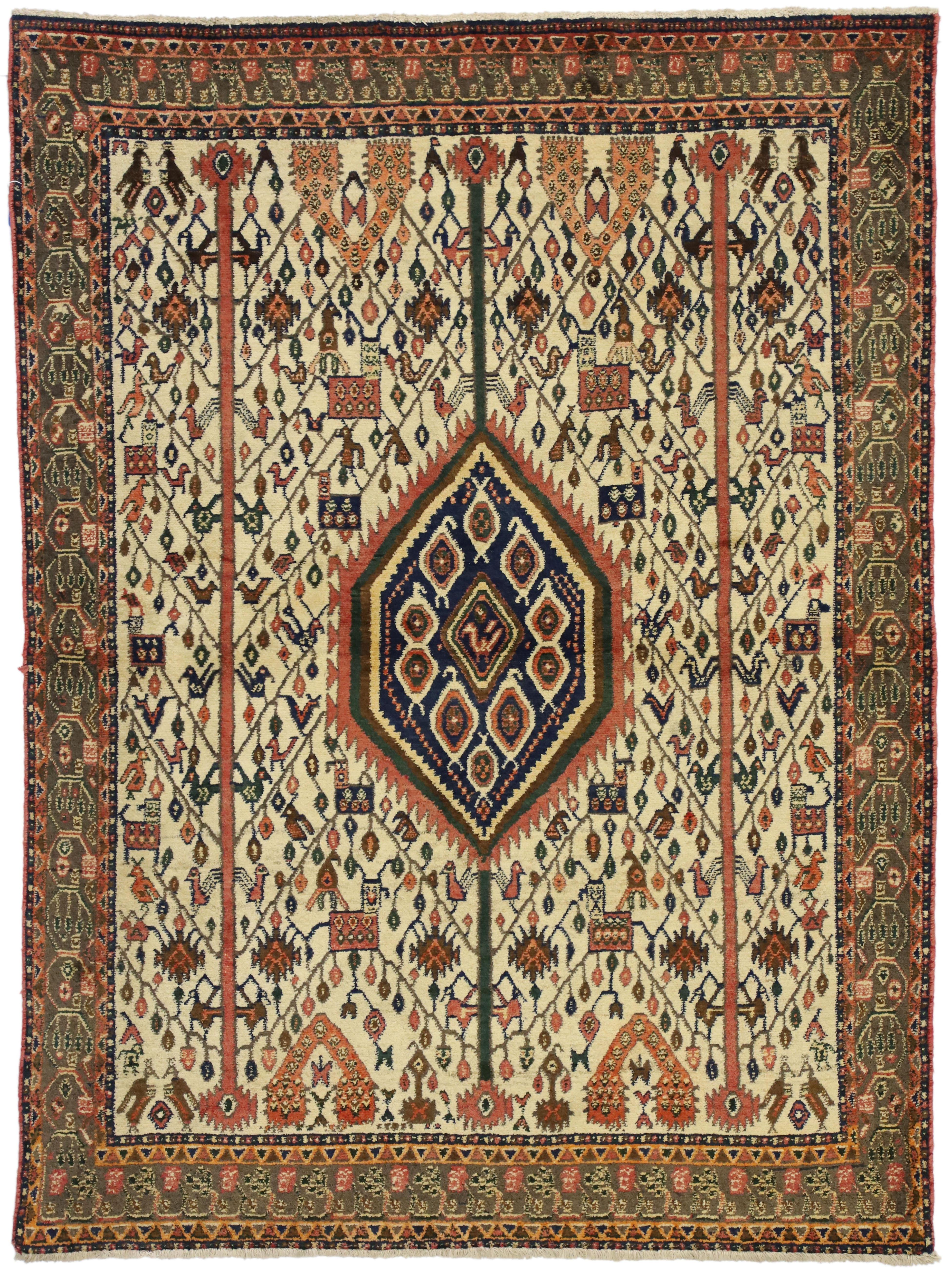 75232 vintage Persian Afshar Accent rug with Tree of Life and Nomadic Tribal style. This hand knotted wool vintage Persian Afshar accent rug beautifully showcases a bird and tree of life design with a nomadic tribal style. The vintage Afshar carpet
