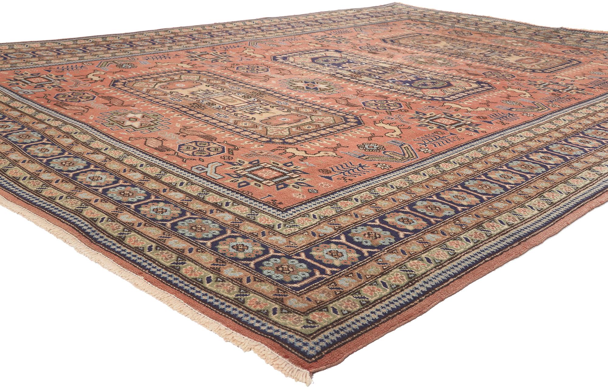 74930 Vintage Persian Ardabil Rug, 07'04 x 10'01.
Cozy nomad meets Pacific Northwest style in this hand knotted wool vintage Persian Ardabil rug. The fascinating Caucasian designs and nature-inspired color palette woven into this piece work together