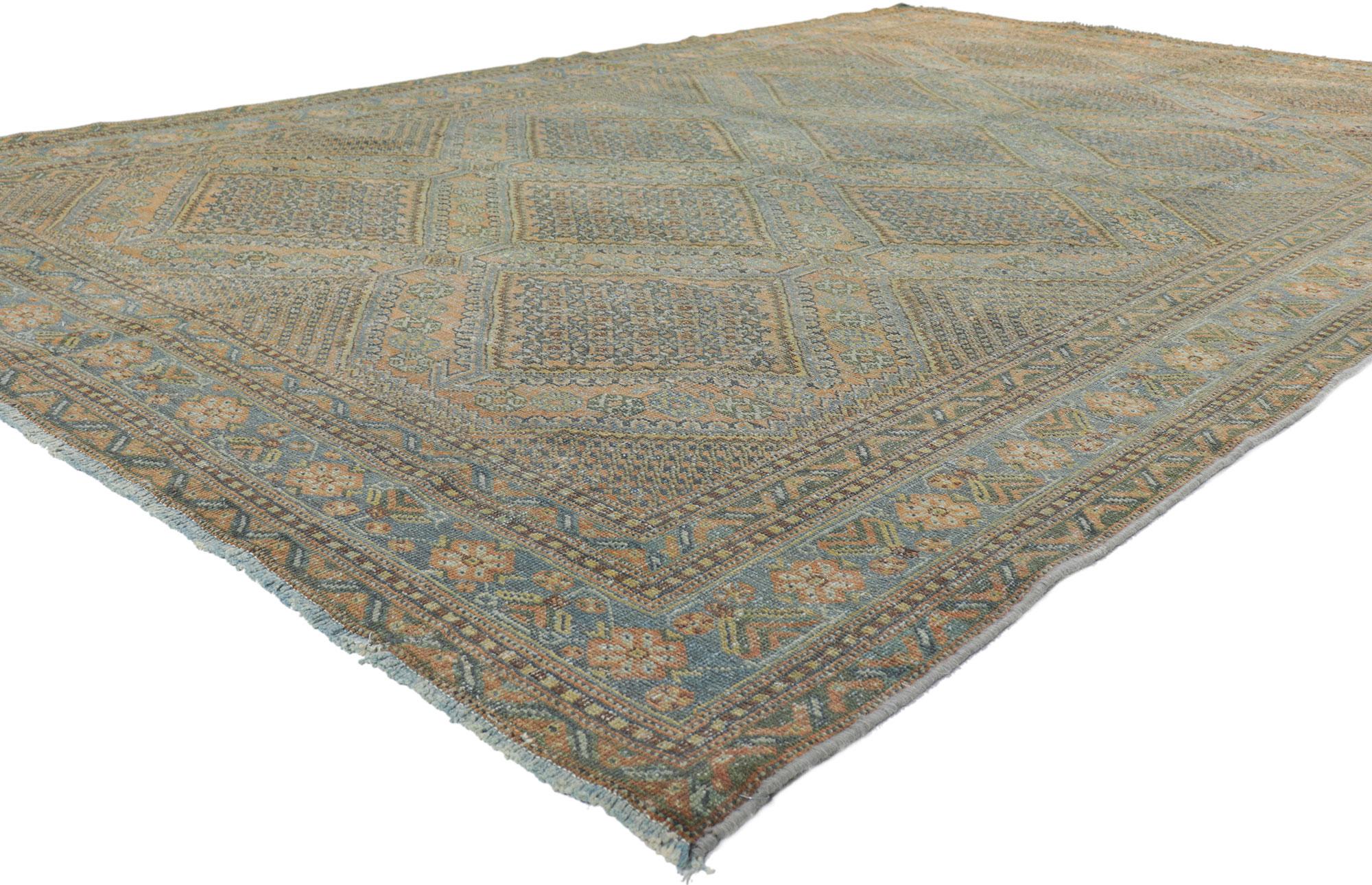 ?61188 Vintage Persian Ardabil rug, 07'01 x 10'10. With its rustic sensibility, incredible detail and texture, this hand knotted wool vintage Persian Ardabil rug is a capitvating vision of woven beauty. The traditional style and earthy colorway