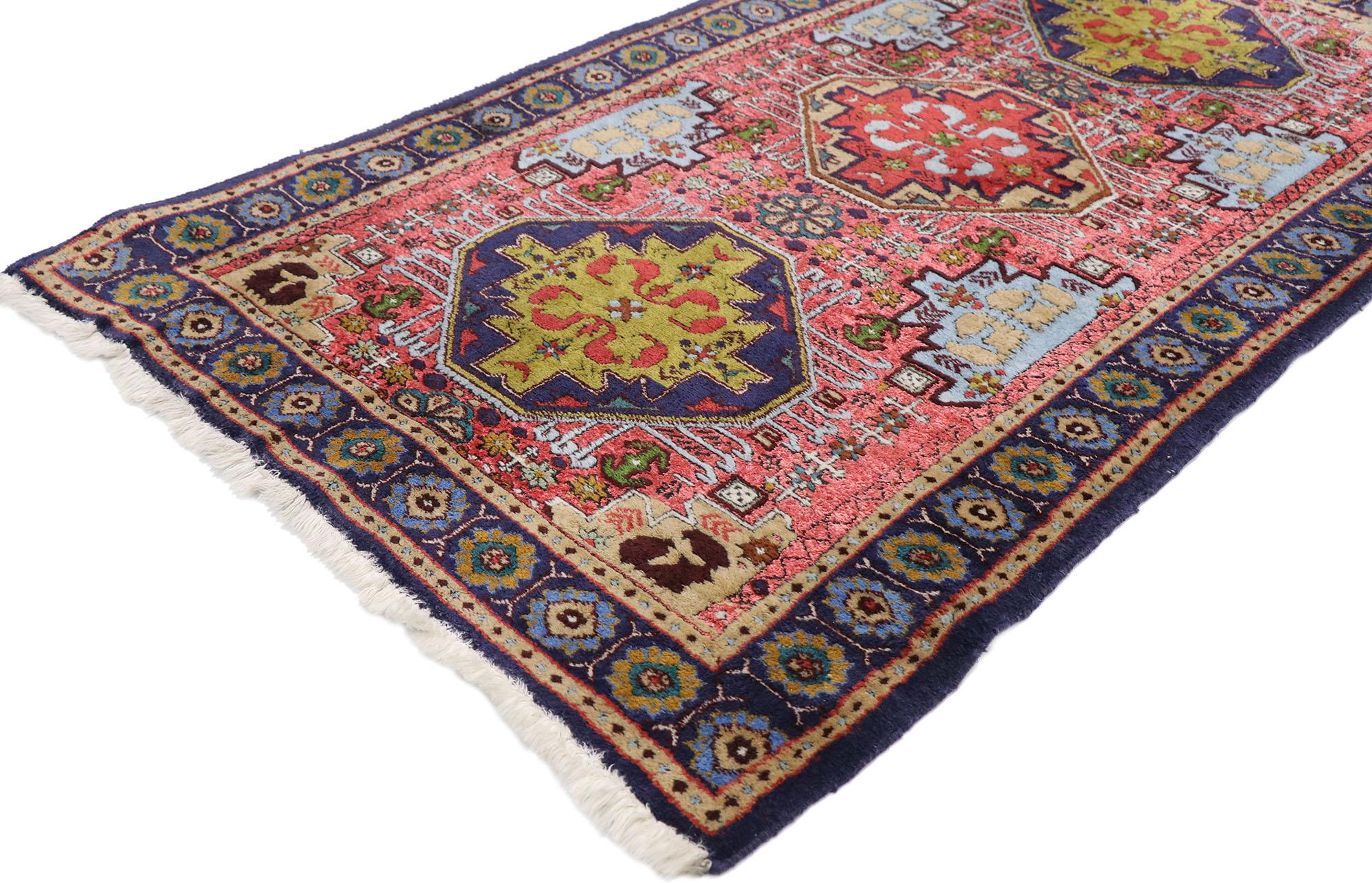 77657 Vintage Persian Ardabil rug with Boho Chic Tribal style 02'08 x 04'08. Full of tiny details and a bold expressive design combined with exuberant colors and bohemian style, this hand-knotted wool and silk vintage Persian Ardabil rug is a