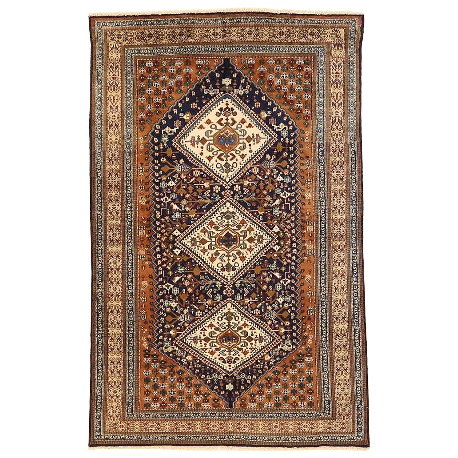 Vintage Persian Ardabil Rug with Diamond Medallions in Brown and Ivory