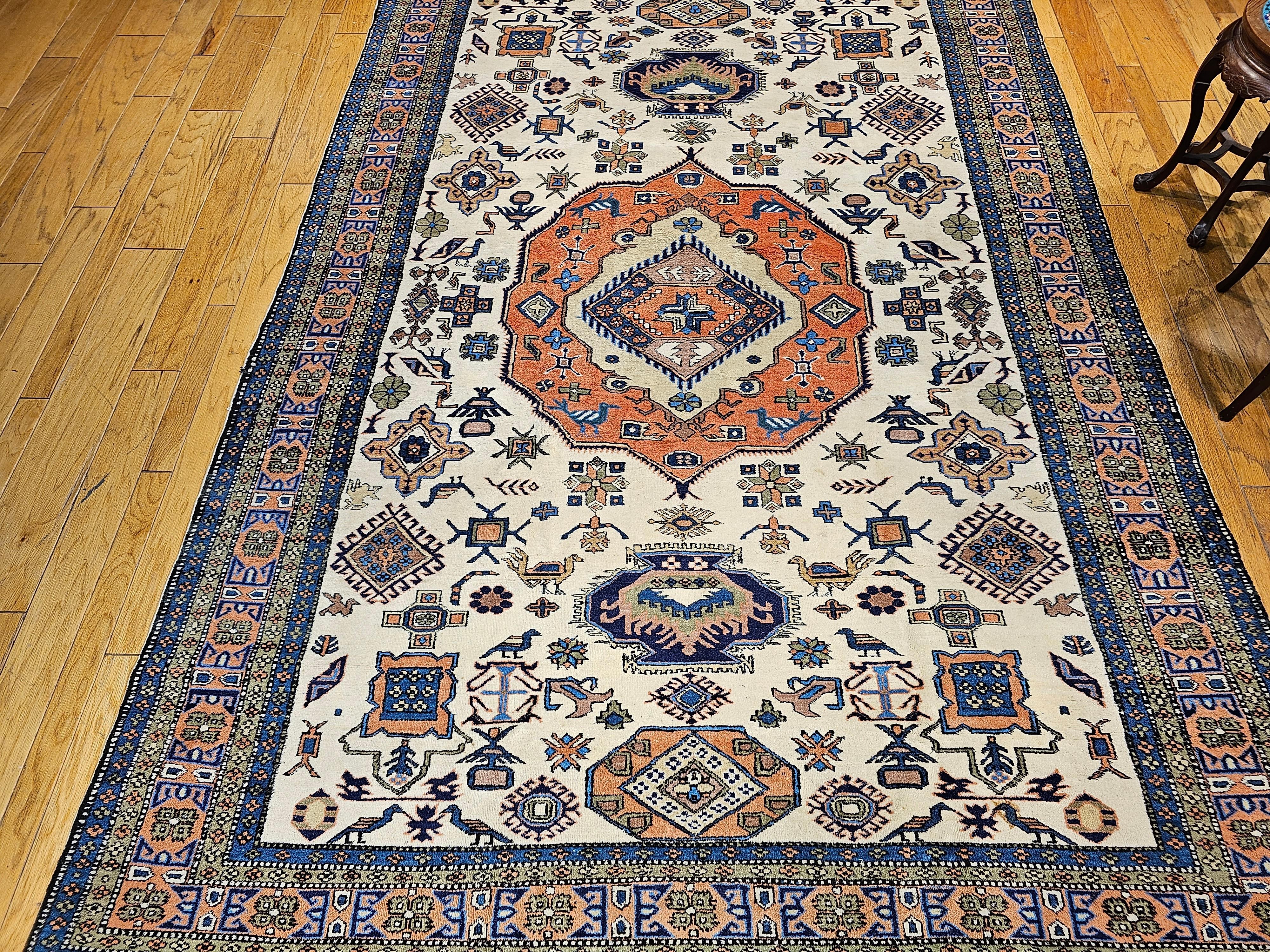 Vintage Persian Ardebil in Geometric Pattern in Ivory, Brick, Pale Blue, Olive For Sale 4
