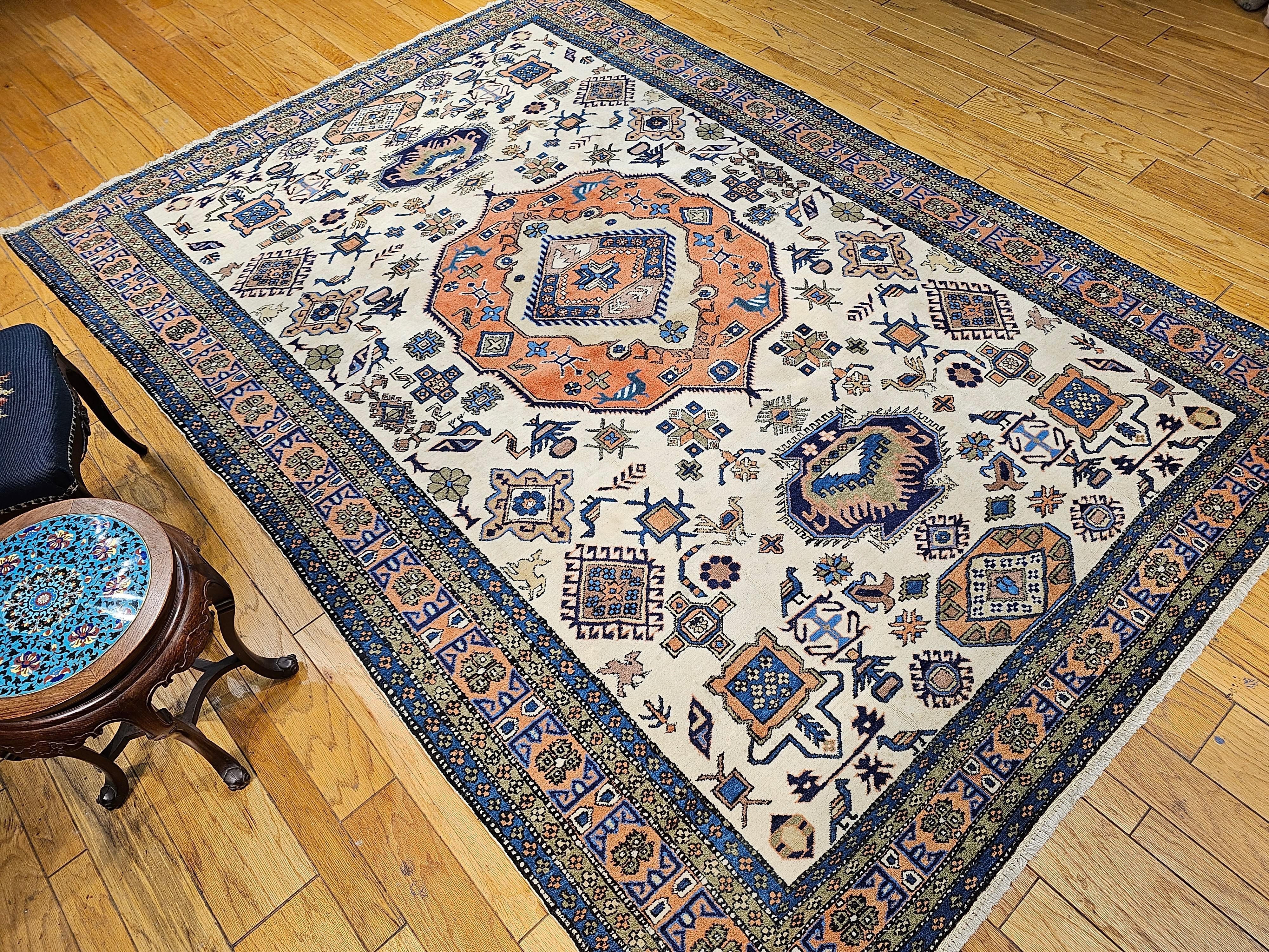 Vintage Persian Ardebil in Geometric Pattern in Ivory, Brick, Pale Blue, Olive For Sale 6