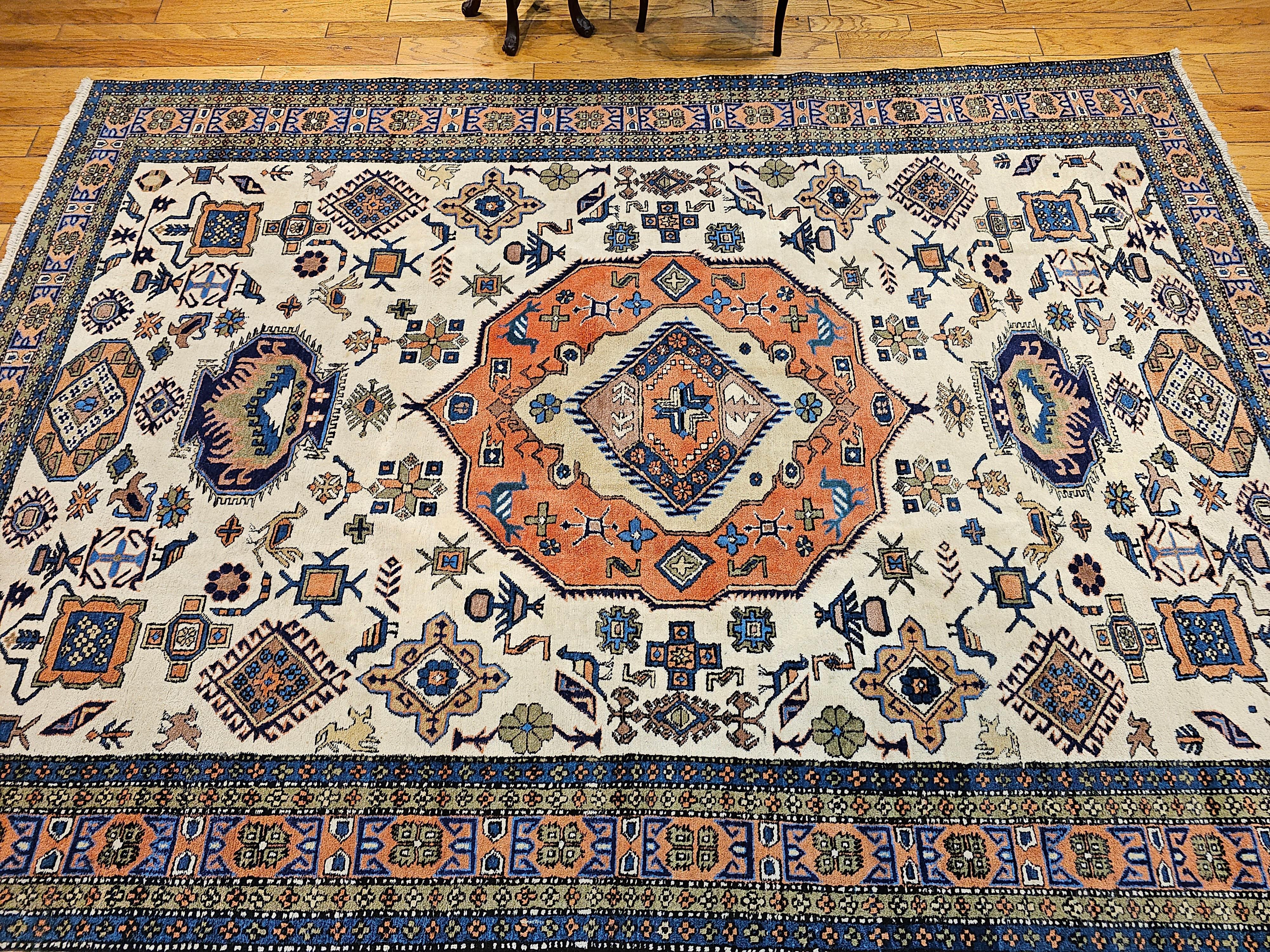 Vintage Persian Ardebil in Geometric Pattern in Ivory, Brick, Pale Blue, Olive For Sale 9