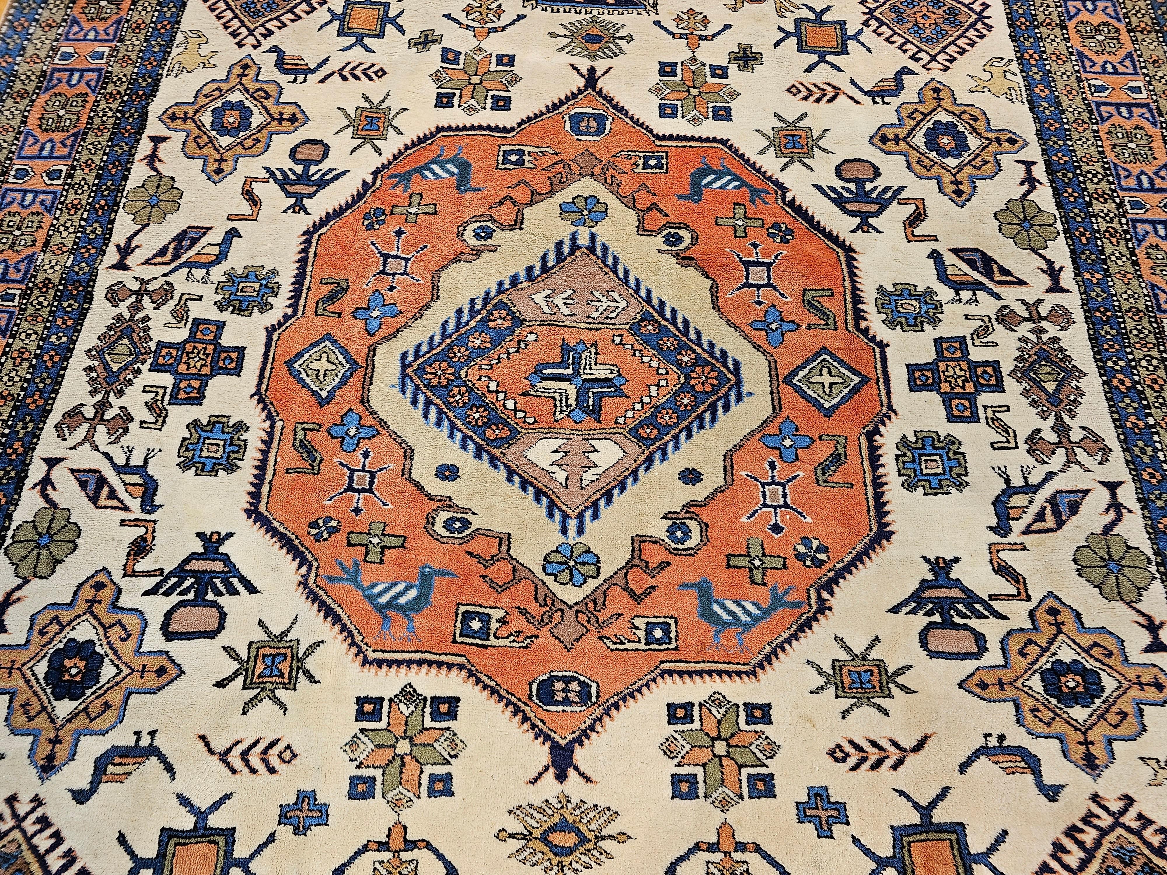 Vintage Persian Ardebil in Geometric Pattern in Ivory, Brick, Pale Blue, Olive In Good Condition For Sale In Barrington, IL