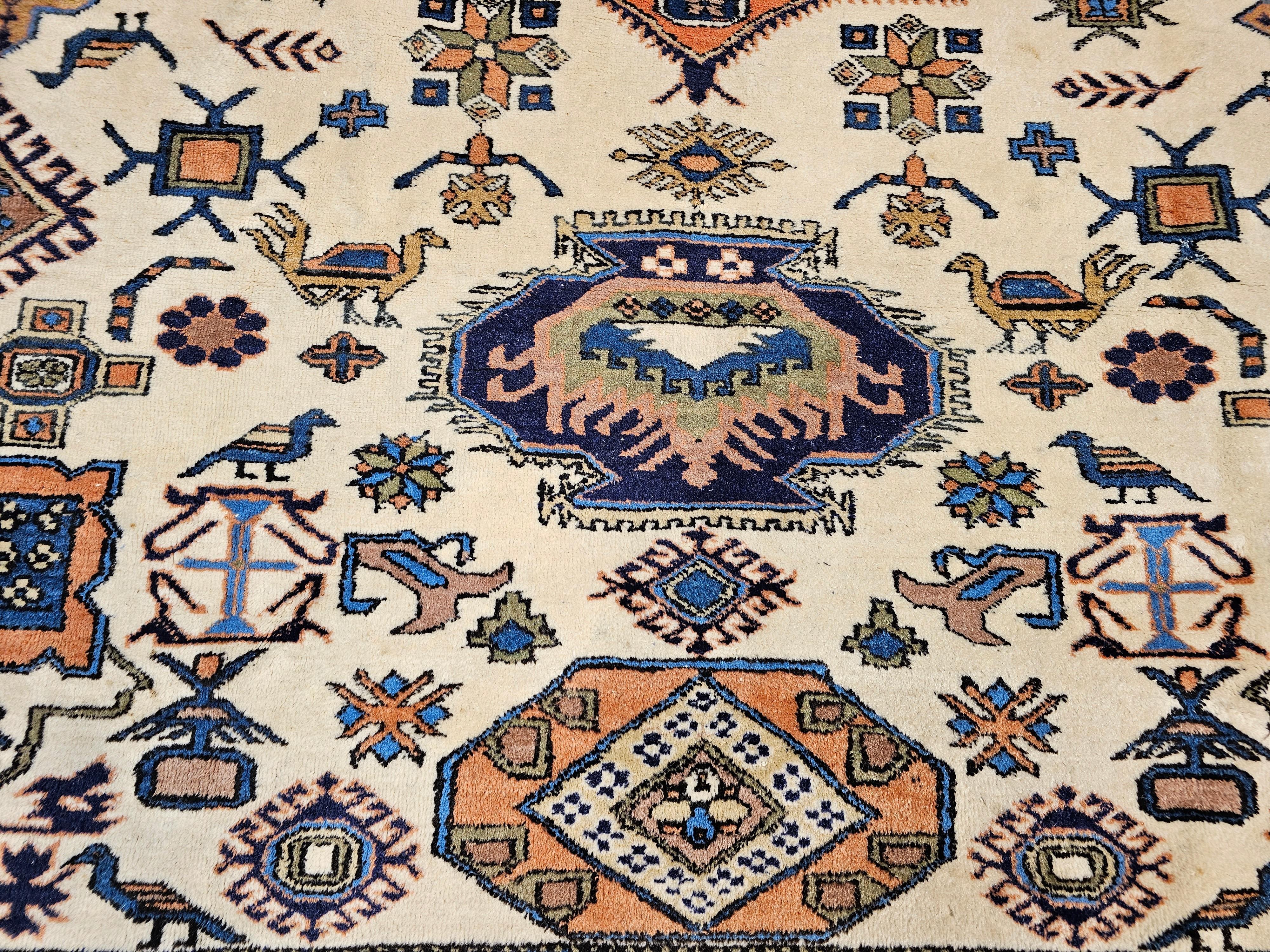 Wool Vintage Persian Ardebil in Geometric Pattern in Ivory, Brick, Pale Blue, Olive For Sale