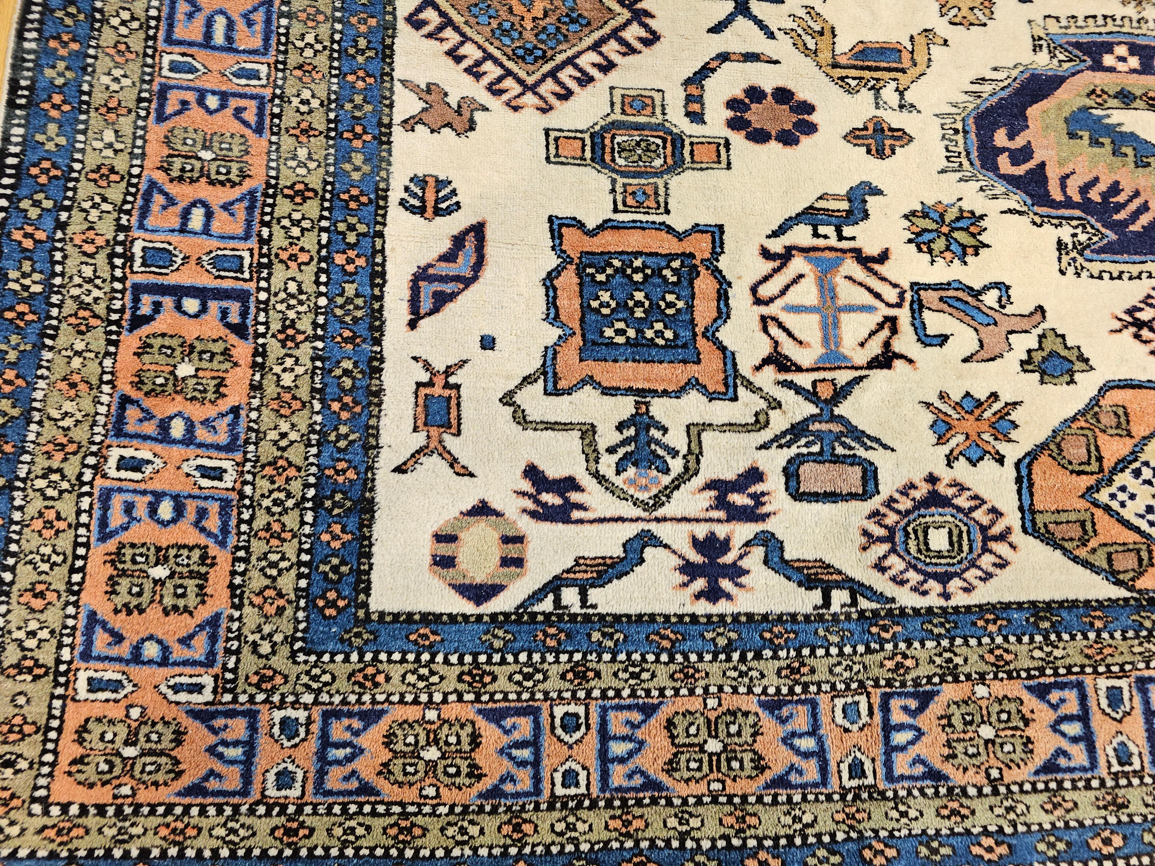 Vintage Persian Ardebil in Geometric Pattern in Ivory, Brick, Pale Blue, Olive For Sale 1