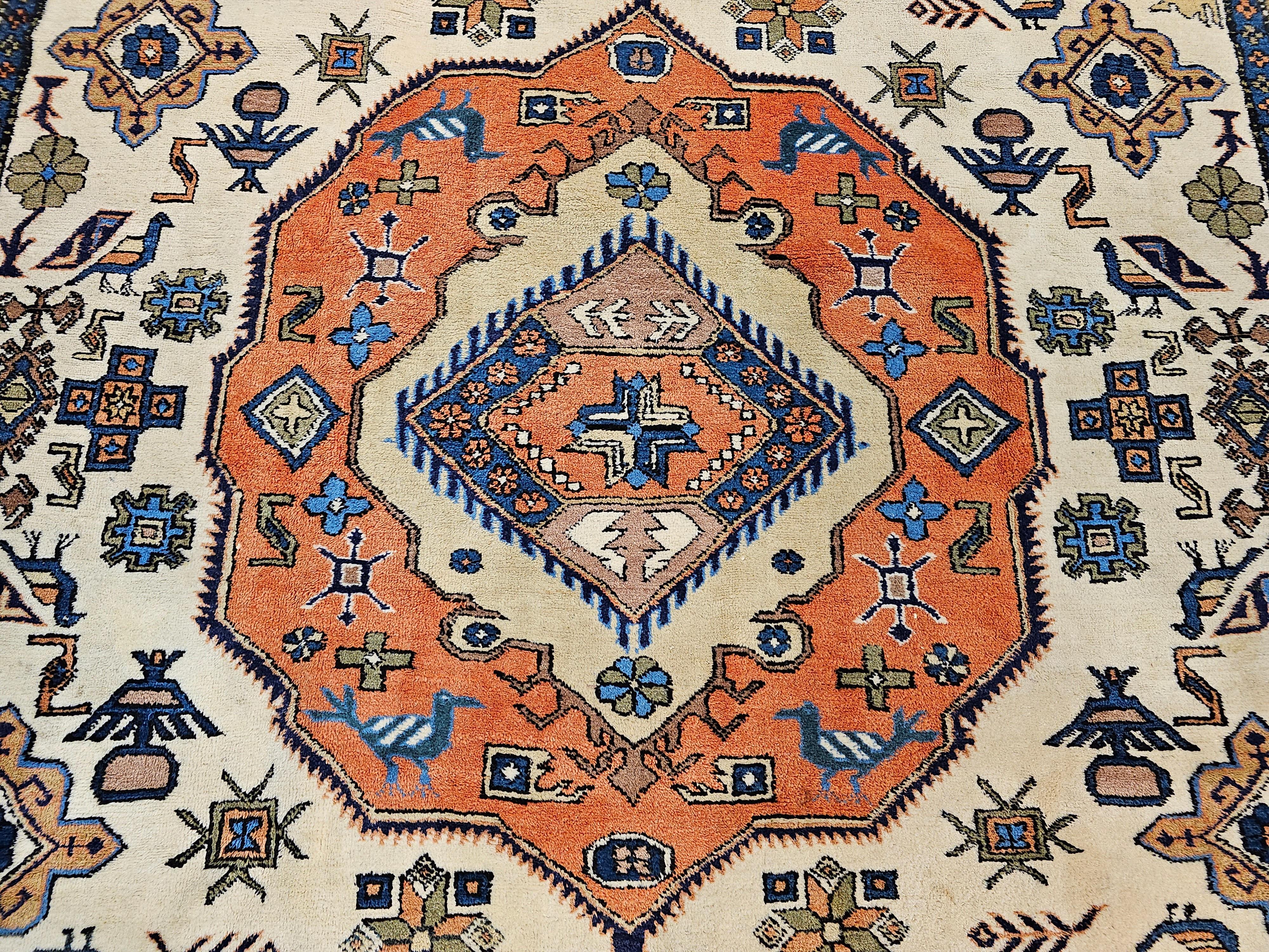 Vintage Persian Ardebil in Geometric Pattern in Ivory, Brick, Pale Blue, Olive For Sale 2