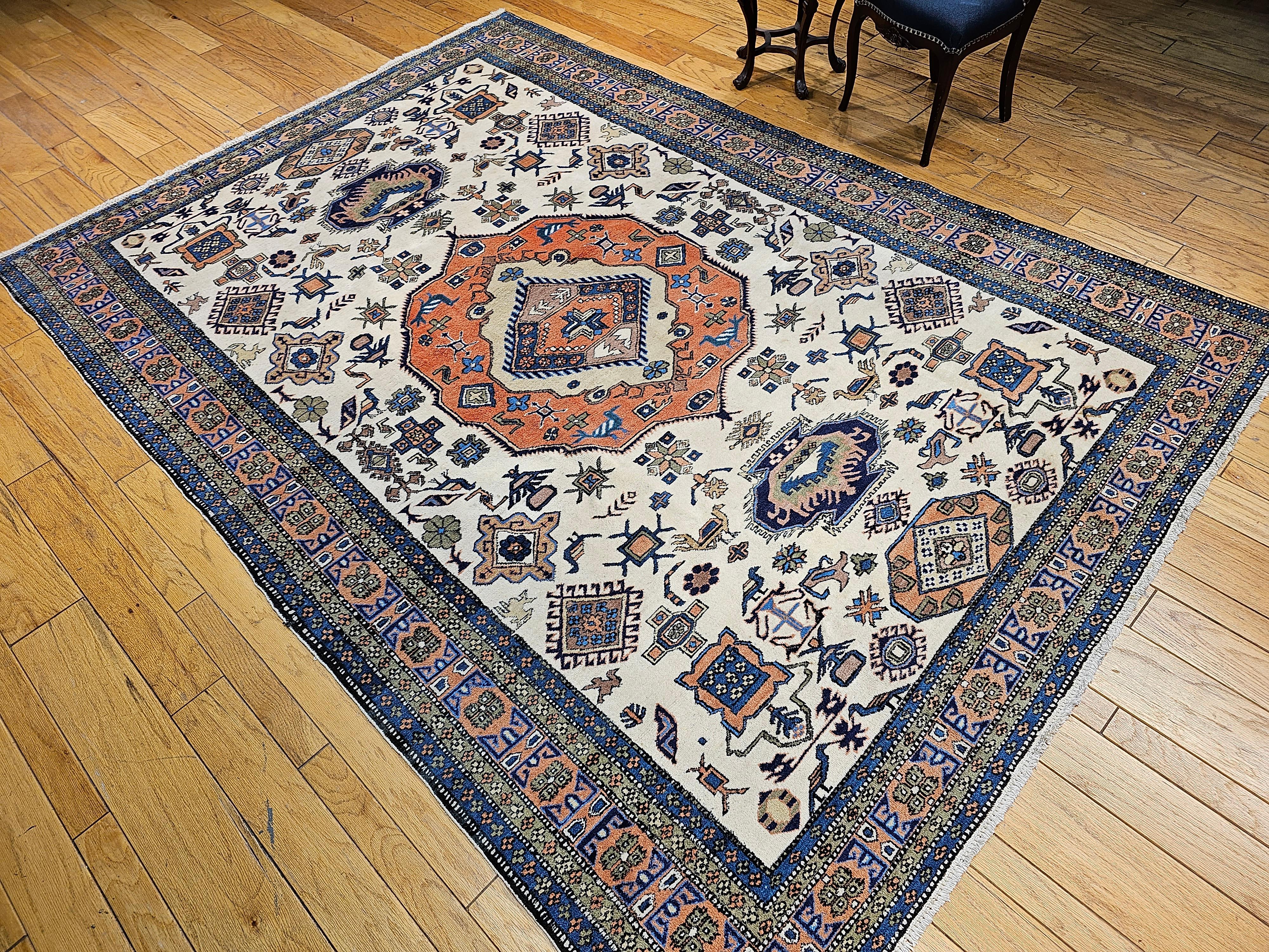 Persischer Ardebil-Teppich in Zimmergröße mit geometrischem Muster in Elfenbein, Ziegelstein, Vintage im Angebot 3