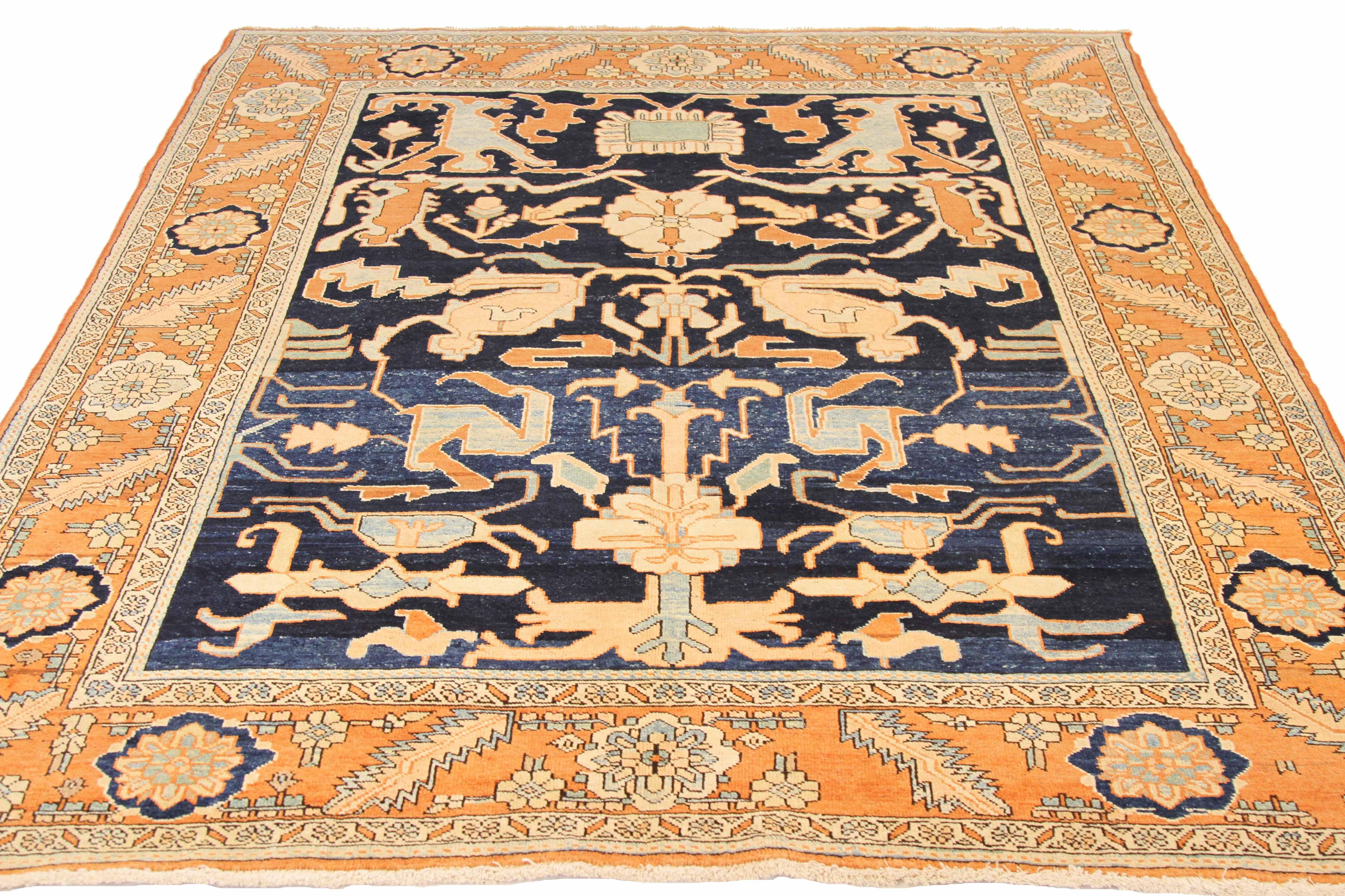 Vintage Persian area rug handwoven from the finest sheep’s wool. It’s colored with all-natural vegetable dyes that are safe for humans and pets. It’s a traditional Heriz design handwoven by expert artisans.It’s a lovely area rug that can be