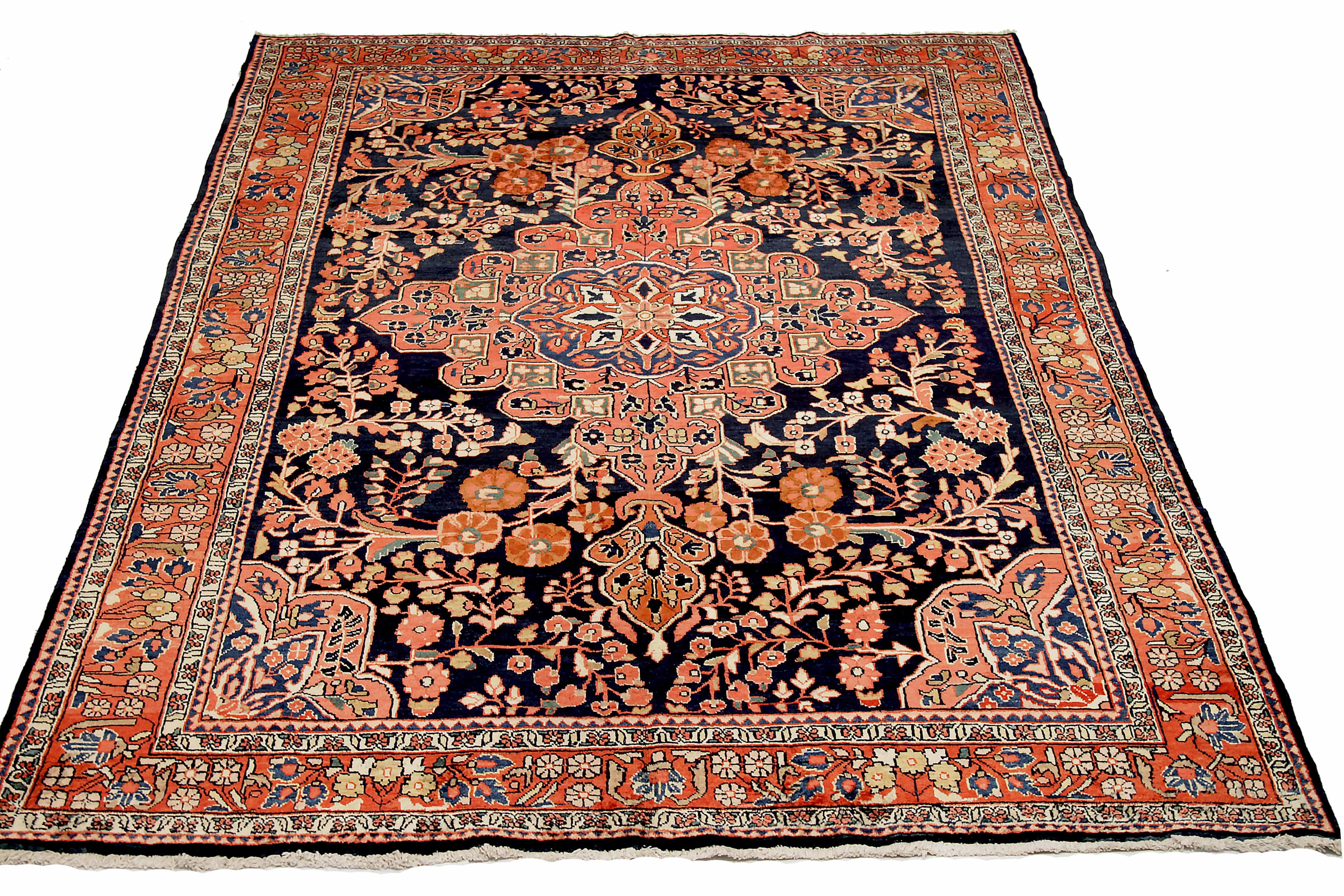Vintage Persian Area Rug, expertly handwoven from premium sheep's wool and colored with all-natural vegetable dyes, is safe for humans and pets. This traditional Mahal design, with its beautiful ornate floral motifs, adds a touch of elegance to any