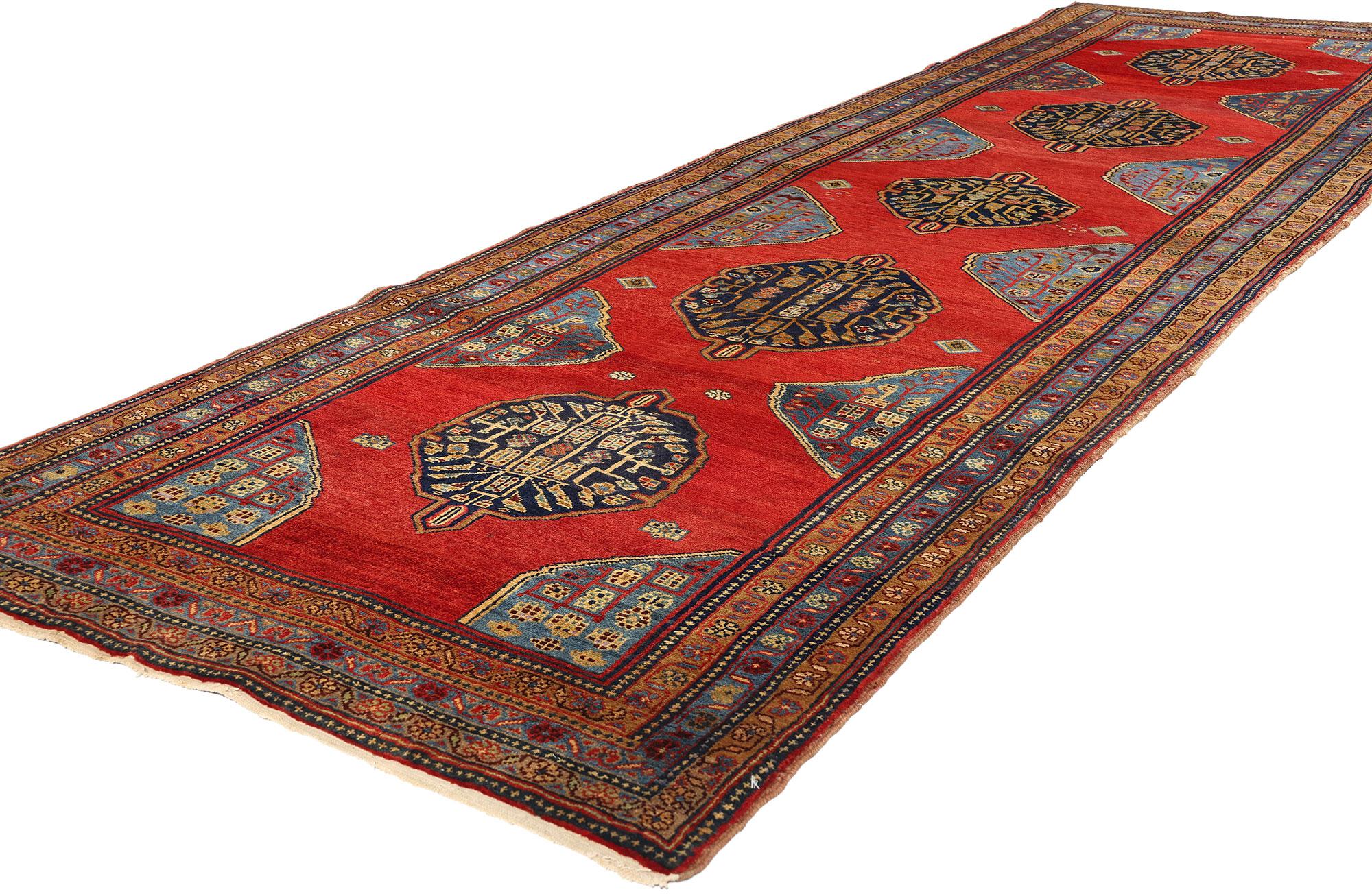 75380 Vintage Red Persian Azerbaijan Rug Runner, 03'07 x 11'06. Persian Azerbaijan rugs, originating from the Azerbaijan region in northwestern Iran and the Republic of Azerbaijan, are prized for their intricate designs, vibrant colors, and rich