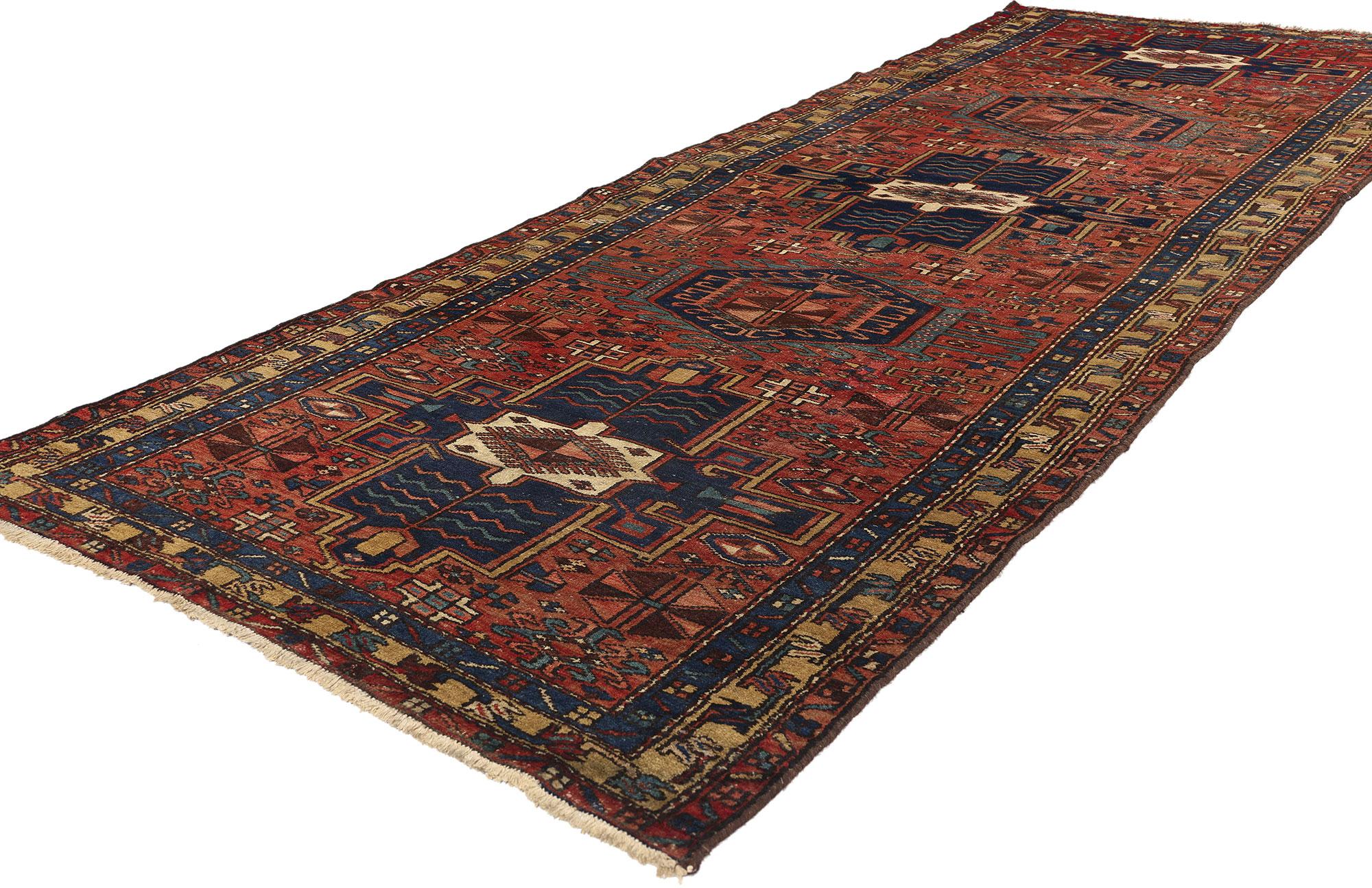 76359 Vintage Persian Azerbaijan Rug Runner, 03'09 x 10'10. This hand-knotted wool vintage Persian Azerbaijan runner stands as a testament to exquisite craftsmanship and timeless design. Resonating with elements reminiscent of Caucasian rugs, it