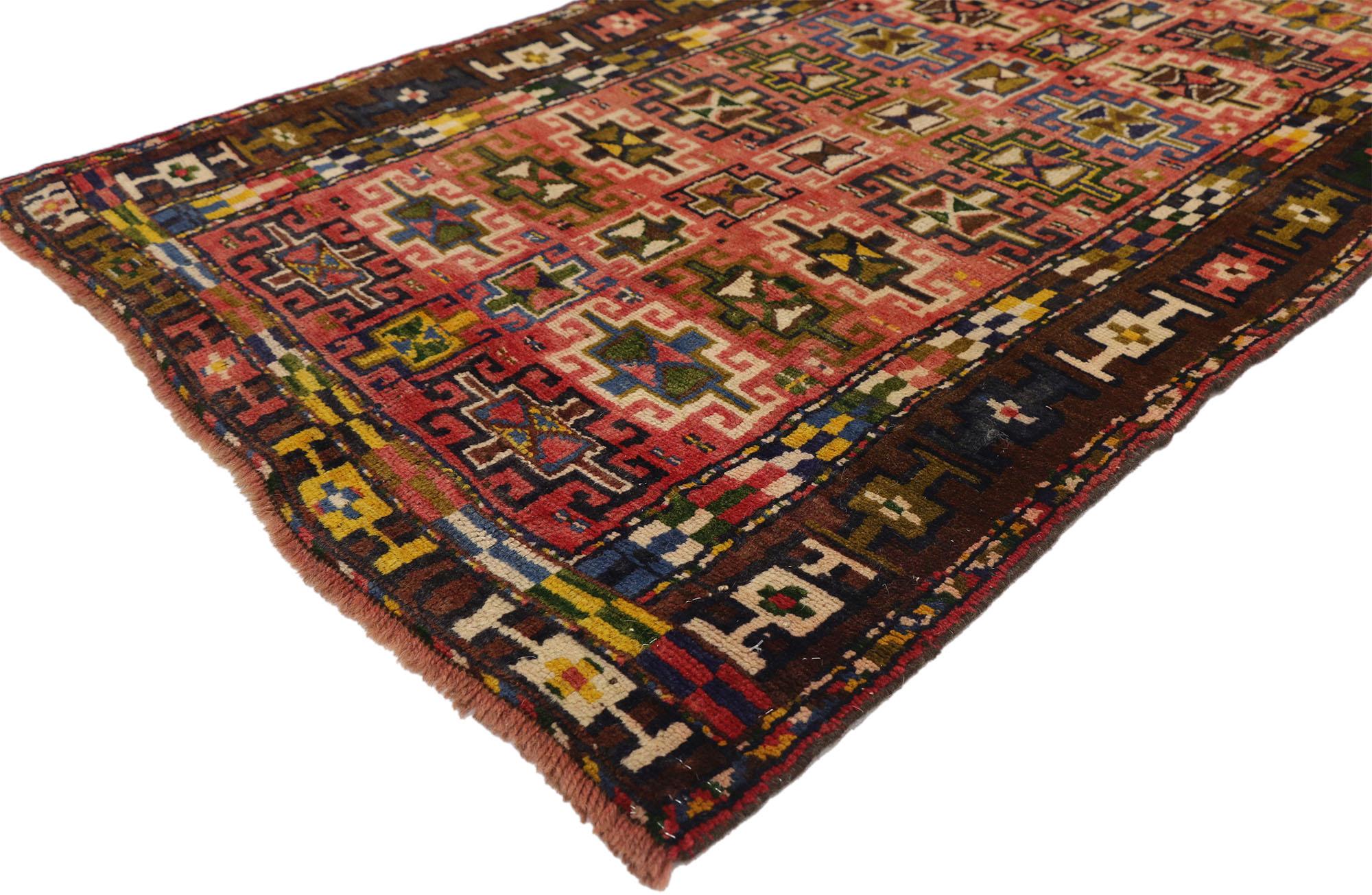76221 Vintage Persian Azerbaijan Carpet Runner with Modern Tribal Style, Azeri Rug. This vintage Persian Azerbaijan carpet runner highlights Modern Tribal Style. Features an all-over repeating pattern of geometric motifs in an abrashed field of
