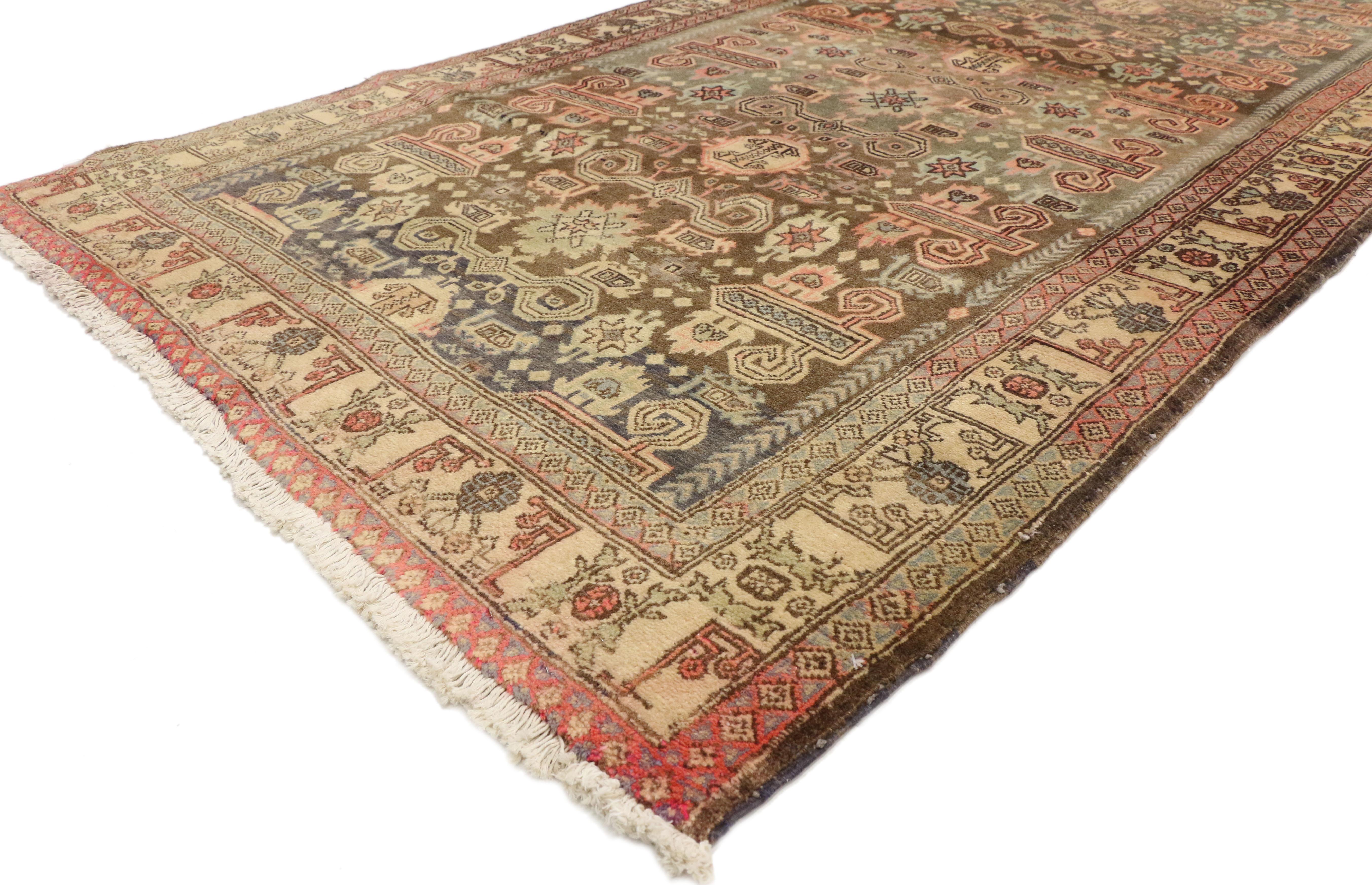 76527, vintage Persian Azerbaijan hallway runner with warm, Bohemian Bungalow style. Rich symbolism woven in pastel hues create uniquely feminine tribal vibe in this vintage Persian Azerbaijan runner. Ram's horns, Hands on Hips (elibelinde),