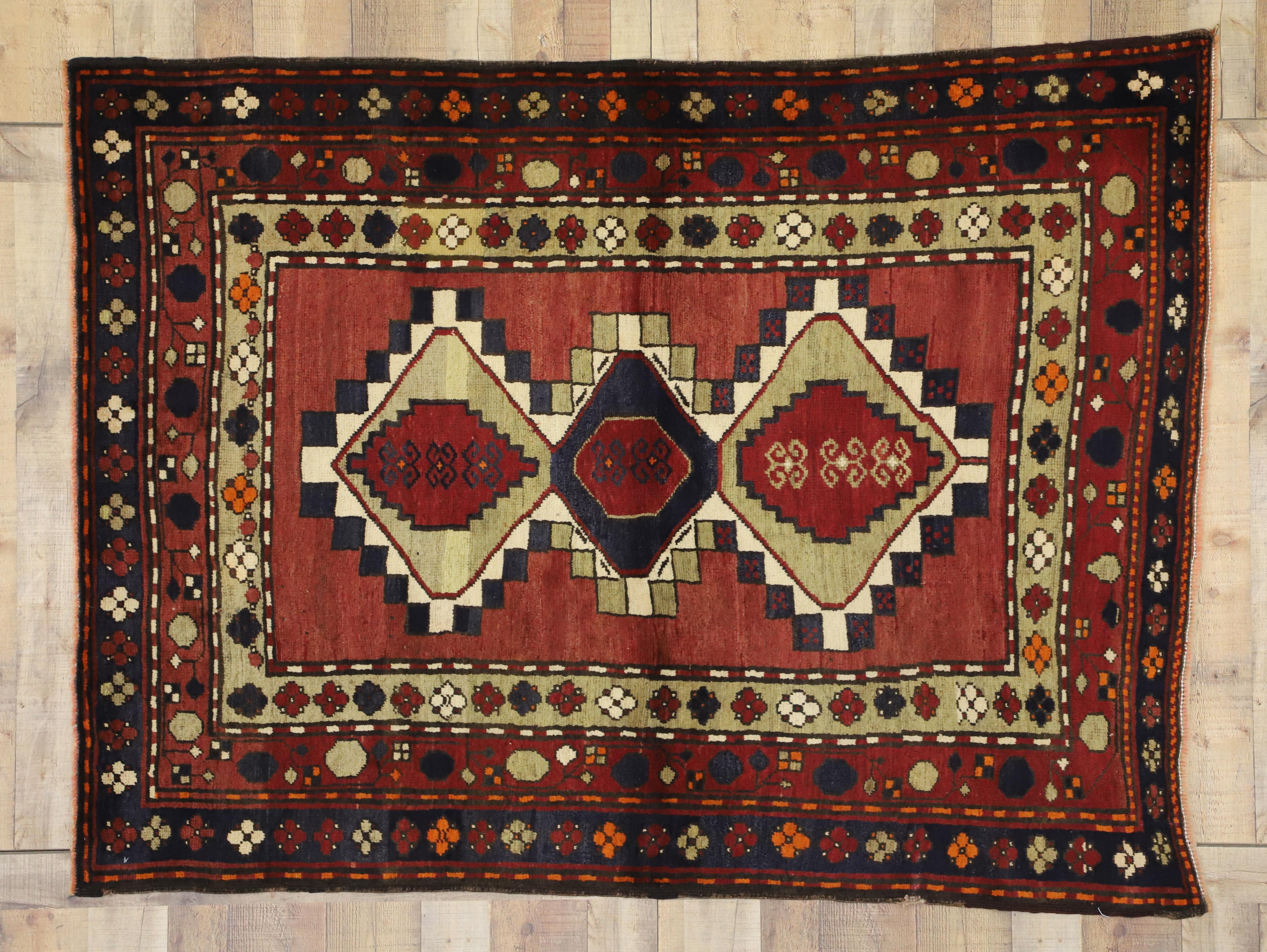 Hand-Knotted Vintage Persian Azerbaijan Rug with Tribal Style For Sale