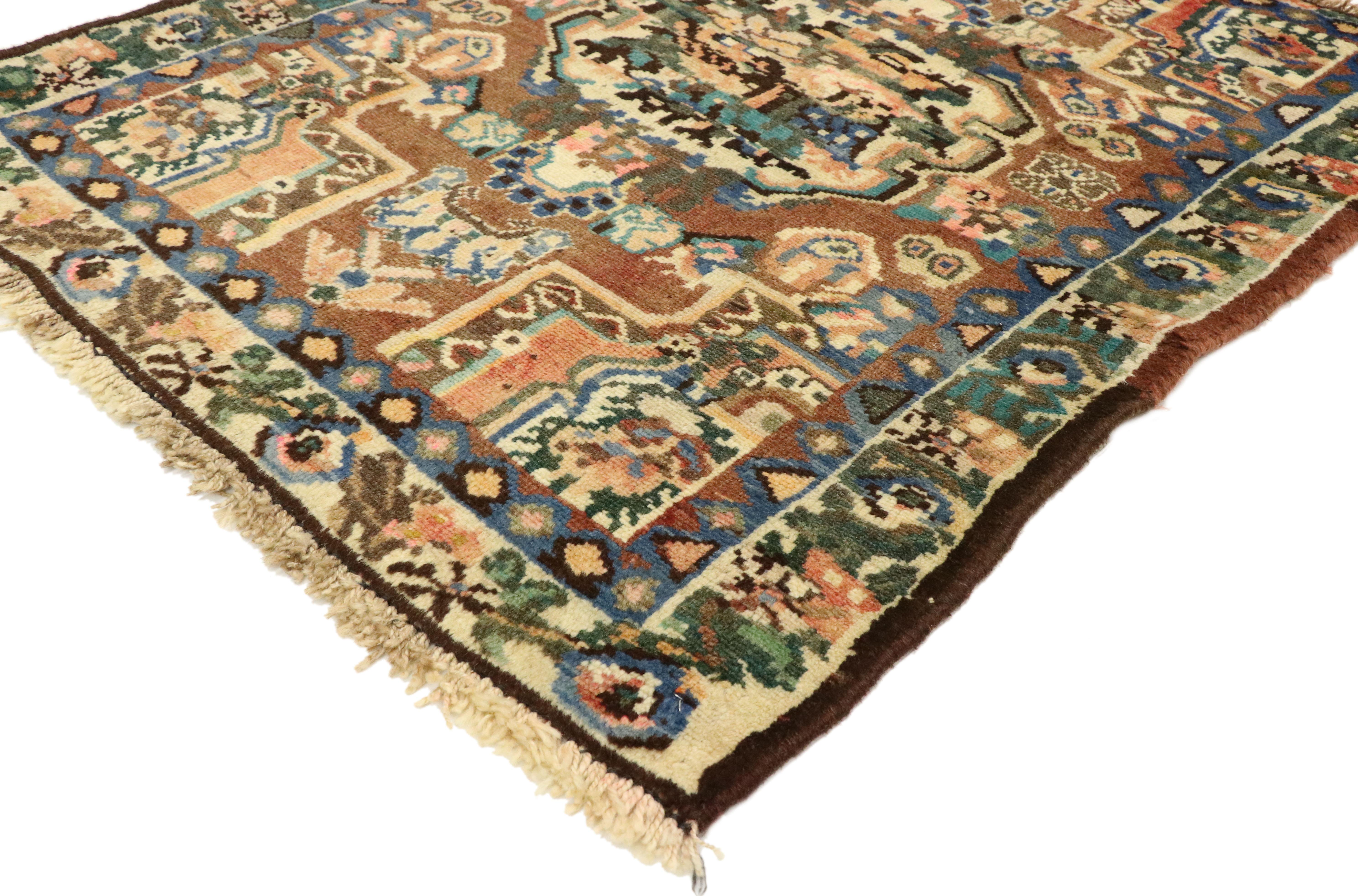 75762, vintage Persian Bakhtiari accent rug, kitchen, bath mat, foyer or entryway rug. This hand knotted wool vintage Persian Bakhtiari accent rug features a modern traditional style. Immersed in Persian history and timeless style, this small