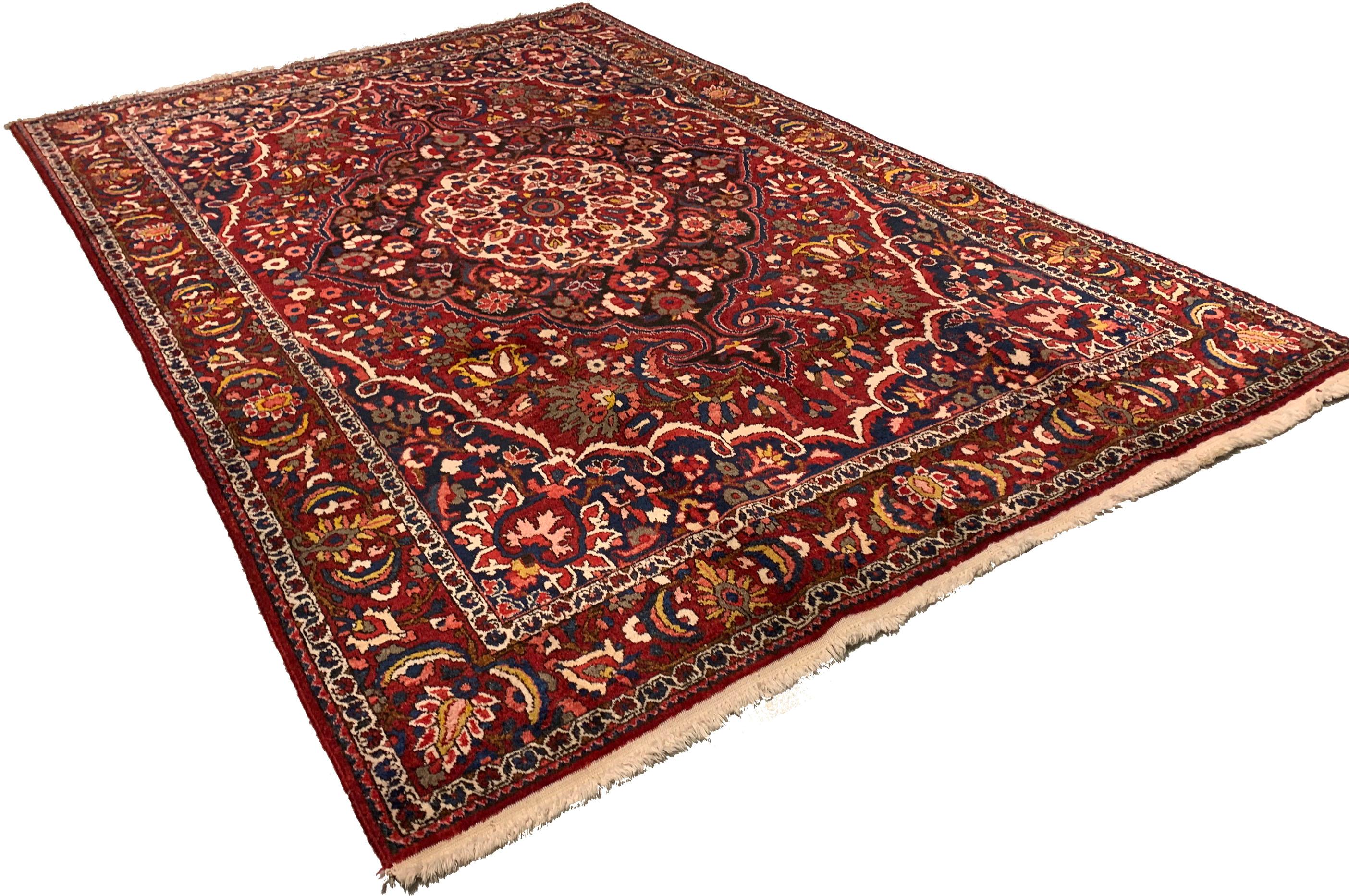 Tapis persan vintage Baktiari, 6'9 x 10'1. La région de Baktiari (Chahar Mahal), dans le centre de la Perse, près d'Ispahan, produit des tapis de village et des tapis nomades aux couleurs vives, aux motifs en treillis et aux constructions robustes.