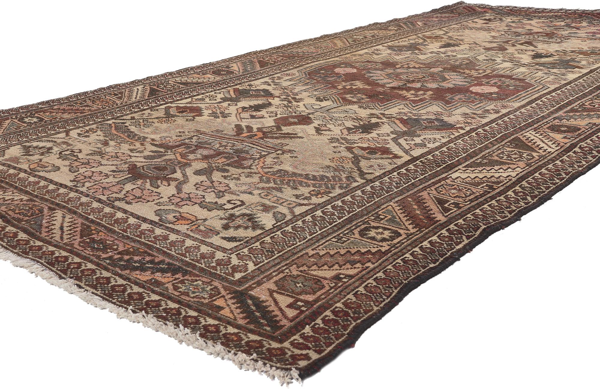 75259 Earth-Tone Vintage Persian Bakhtiari Rug, 05'00 X 10'04.
Subtle sophistication meets Biophilic Design in this vintage Persian Bakhtiari rug. The nature-inspired design and soft earthy hues woven into this piece work together creating a modern