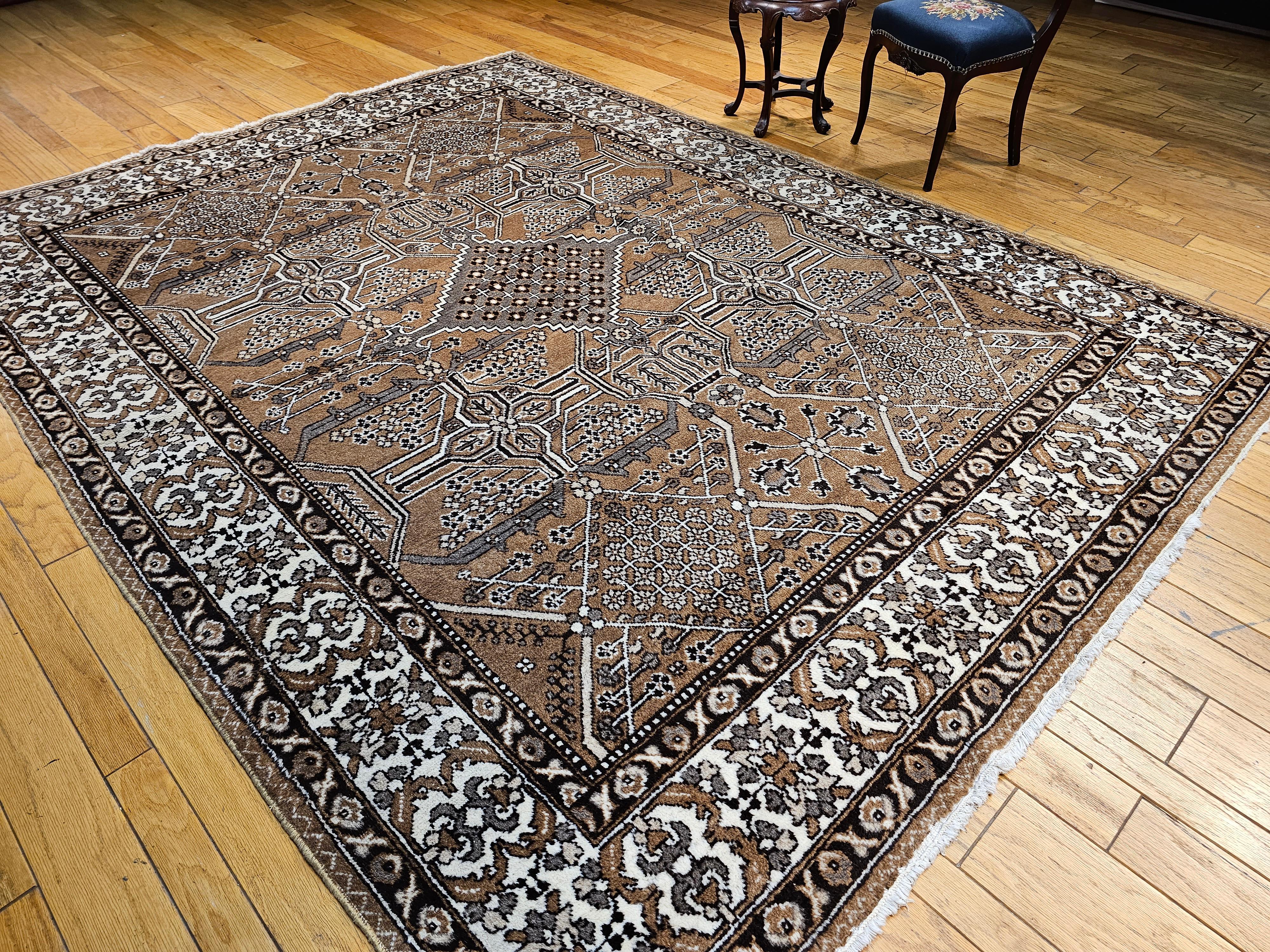 Vintage Persian Bakhtiari in Allover Geometric Design in Camelhair, Ivory, Brown For Sale 6