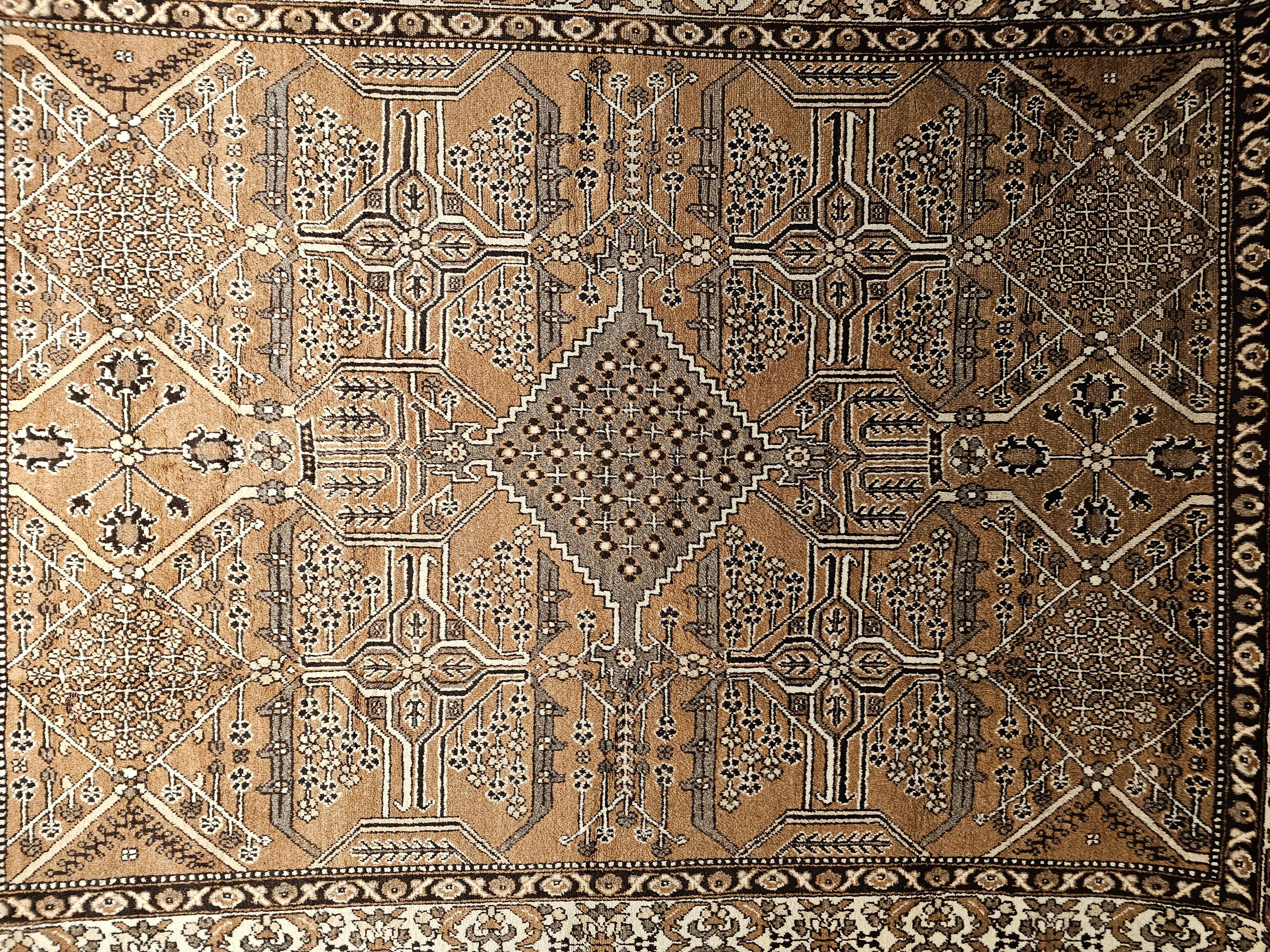 Hand-Woven Vintage Persian Bakhtiari in Allover Geometric Design in Camelhair, Ivory, Brown For Sale