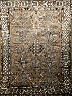 Retro Persian Bakhtiari in Allover Geometric Design in Camelhair, Ivory, Brown