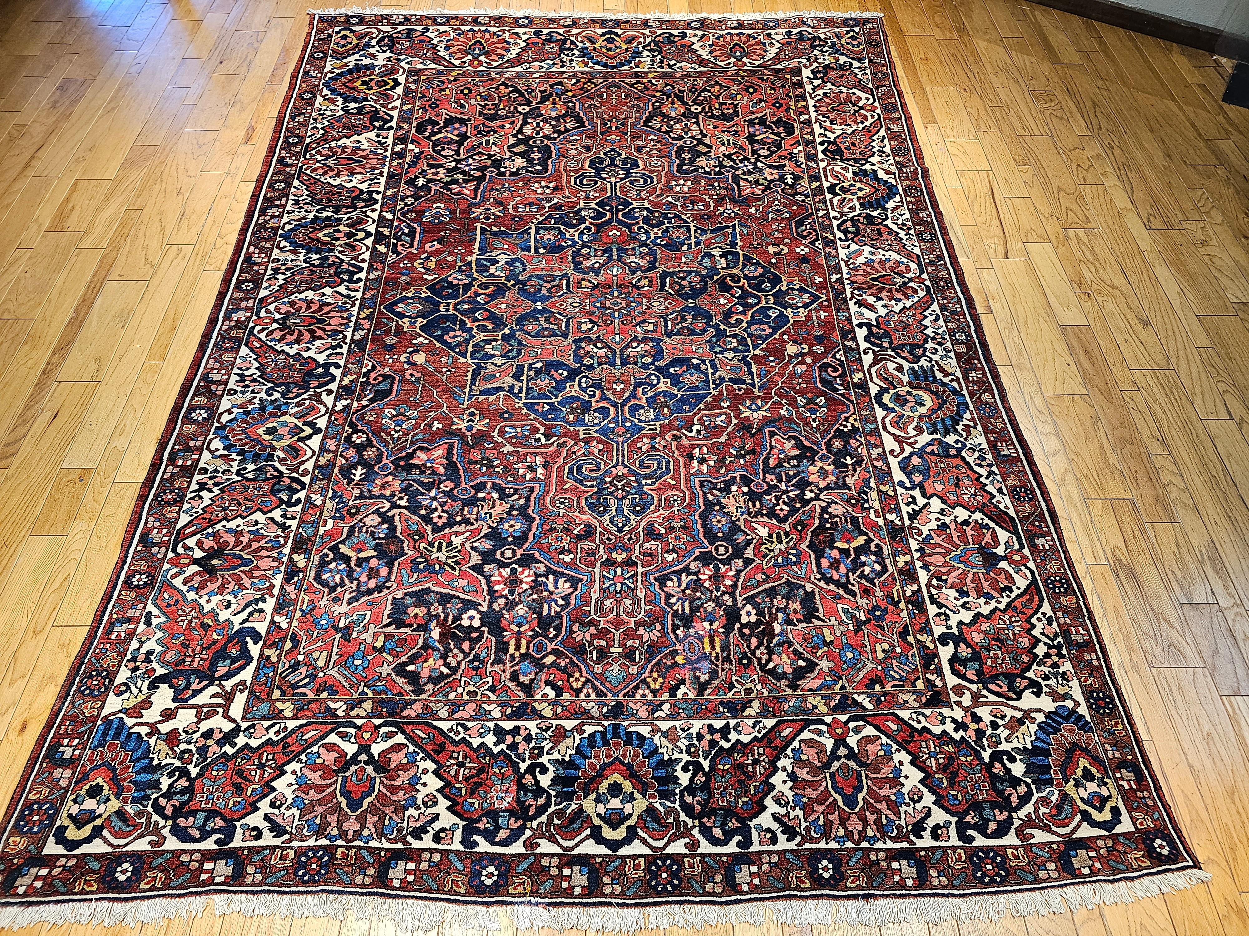 Vintage Persian Bakhtiari in Geometric Pattern in Burgundy, Ivory, French Blue For Sale 12