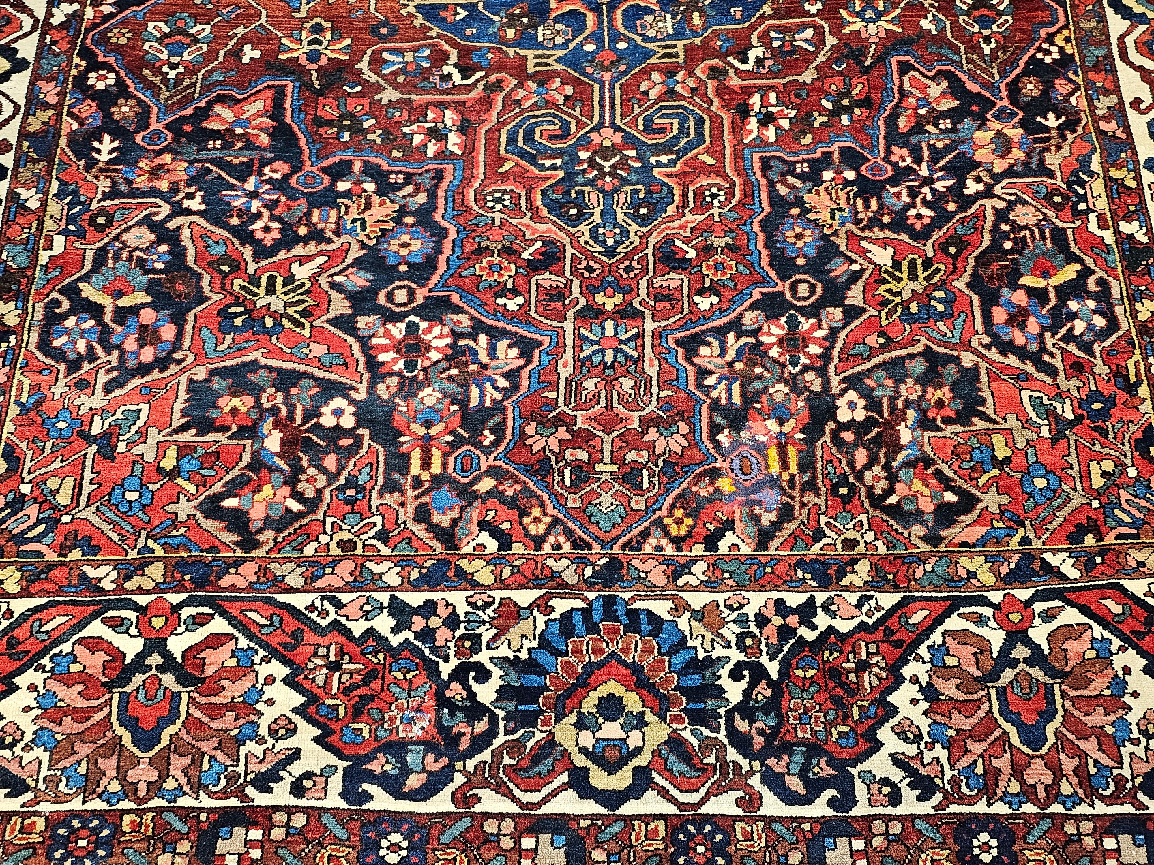 Hand-Knotted Vintage Persian Bakhtiari in Geometric Pattern in Burgundy, Ivory, French Blue For Sale
