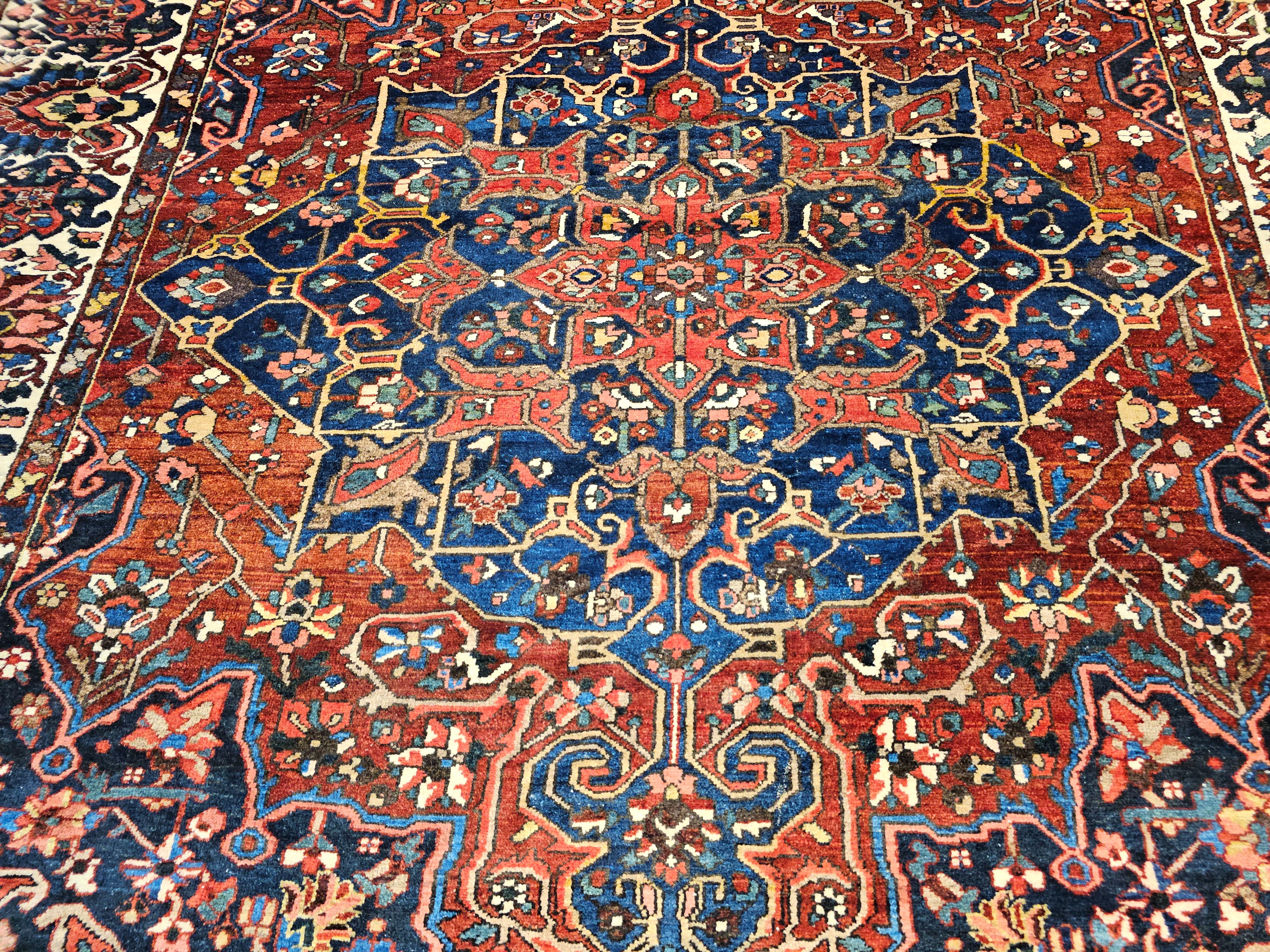 Wool Vintage Persian Bakhtiari in Geometric Pattern in Burgundy, Ivory, French Blue For Sale
