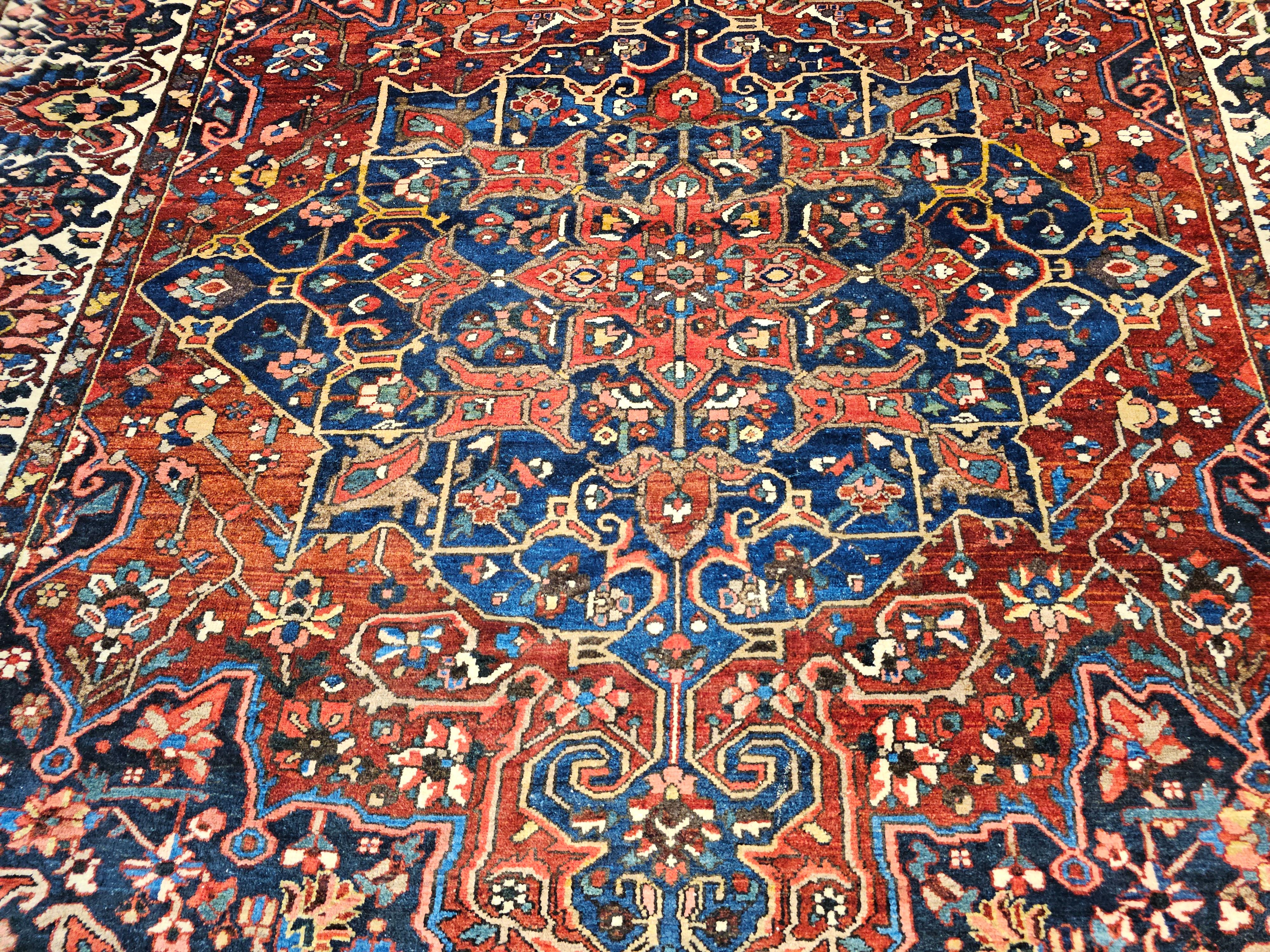 Wool Oversize Vintage Persian Bakhtiari Rug in Geometric Pattern in Burgundy, Blue For Sale