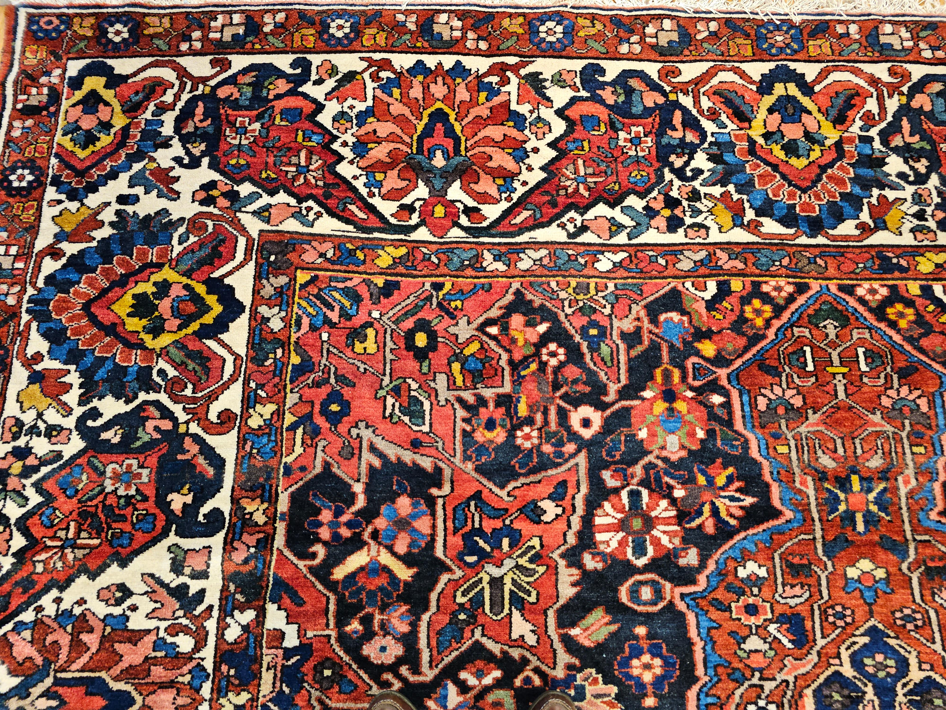 Vintage Persian Bakhtiari in Geometric Pattern in Burgundy, Ivory, French Blue For Sale 2