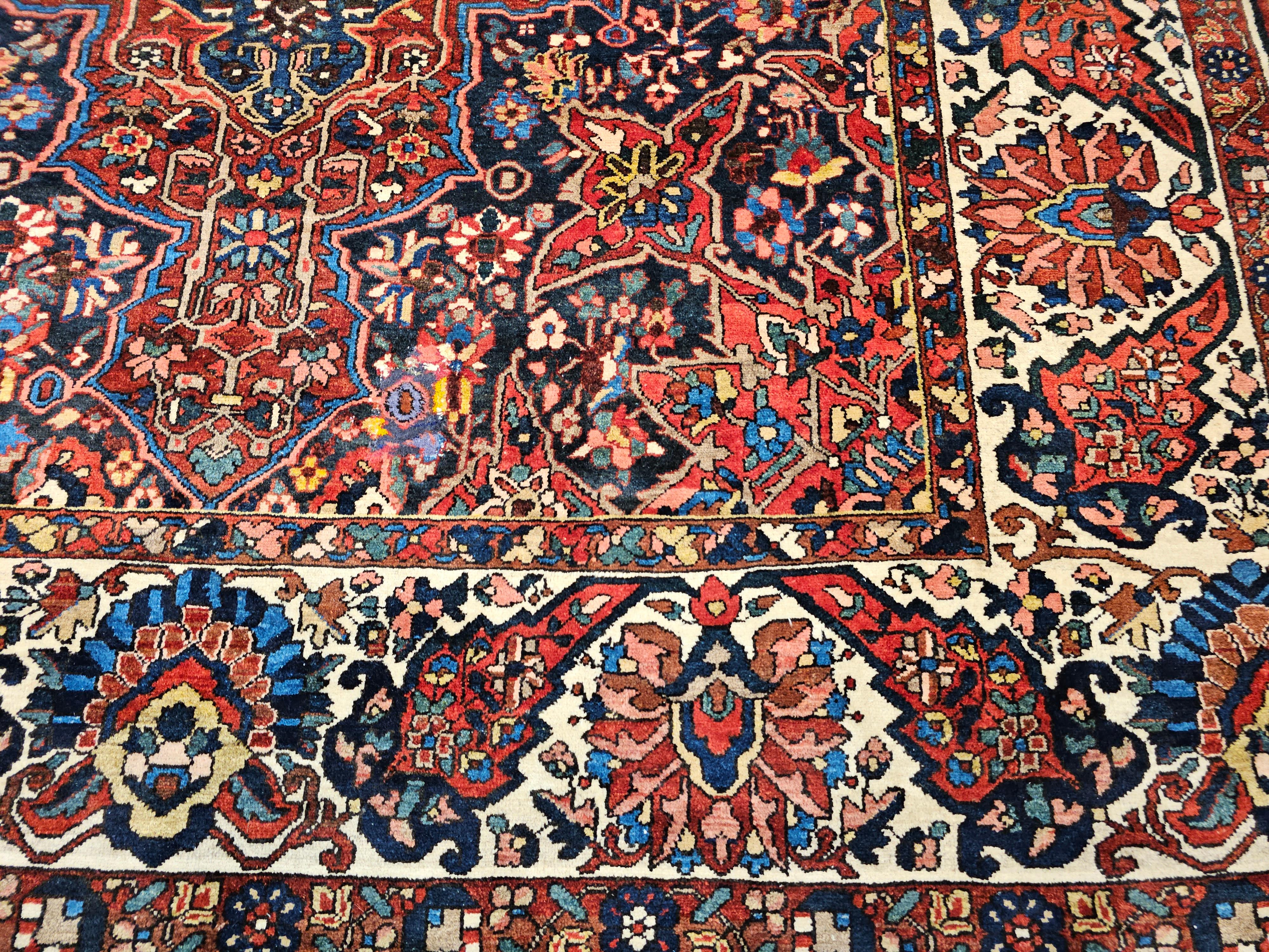 Oversize Vintage Persian Bakhtiari Rug in Geometric Pattern in Burgundy, Blue For Sale 3