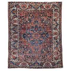 Retro Persian Bakhtiari in Geometric Pattern in Burgundy, Ivory, French Blue