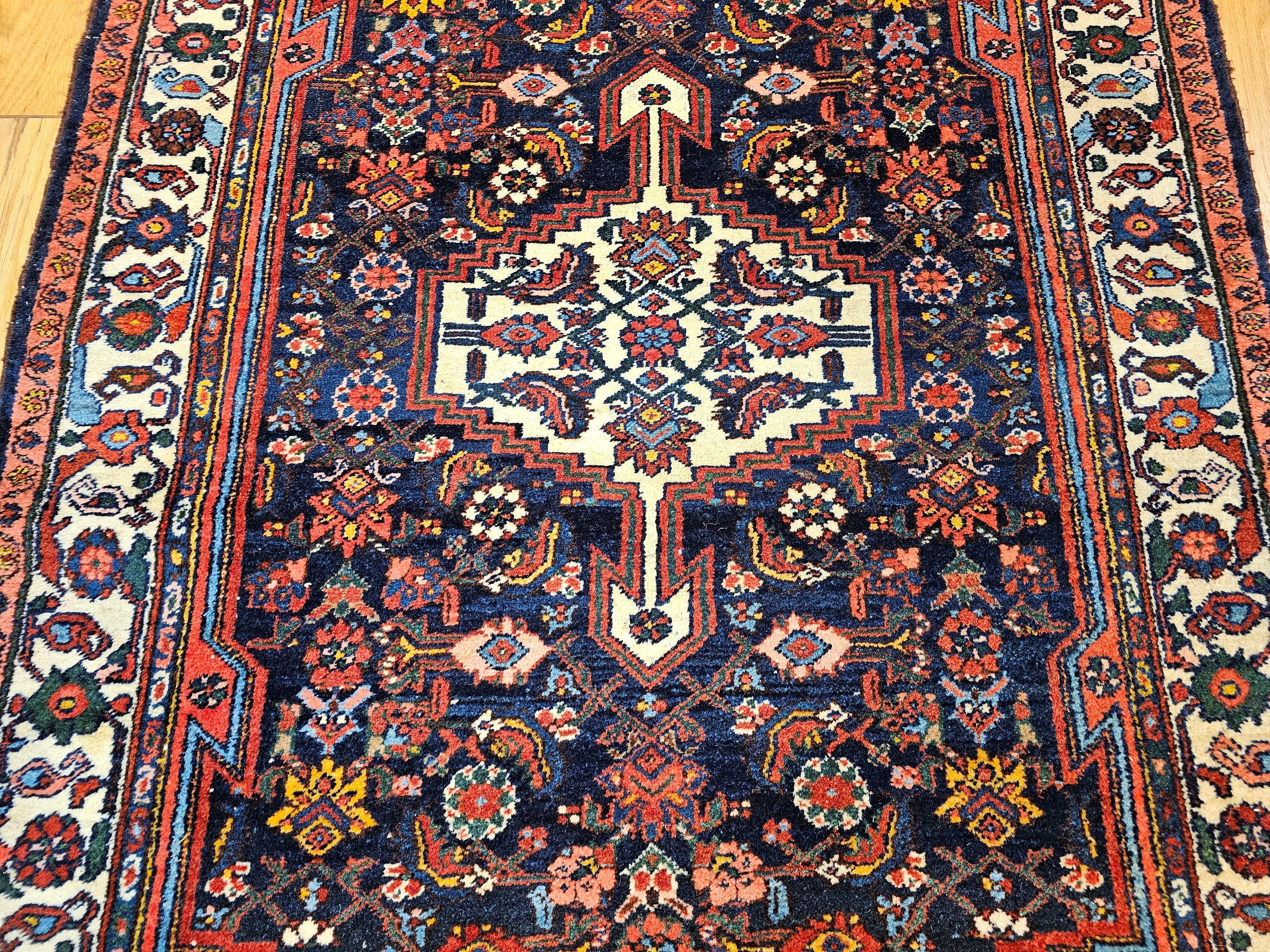 Vintage Persian Bakhtiari in Navy Blue, Yellow, Ivory, Pink, Green In Good Condition For Sale In Barrington, IL