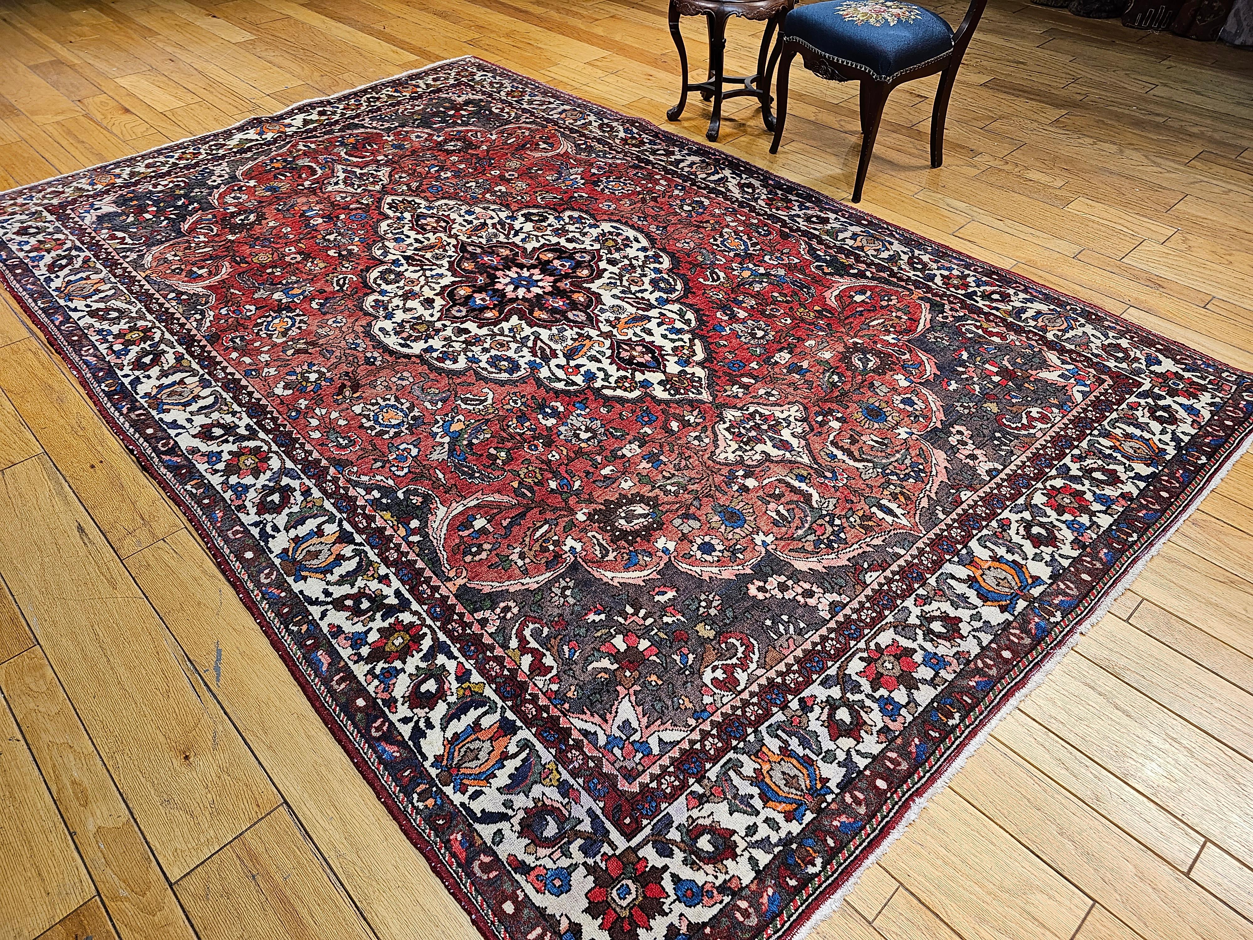 Vintage Persian Bakhtiari Room Size Rug in Medallion Floral Pattern in Brick Red For Sale 5