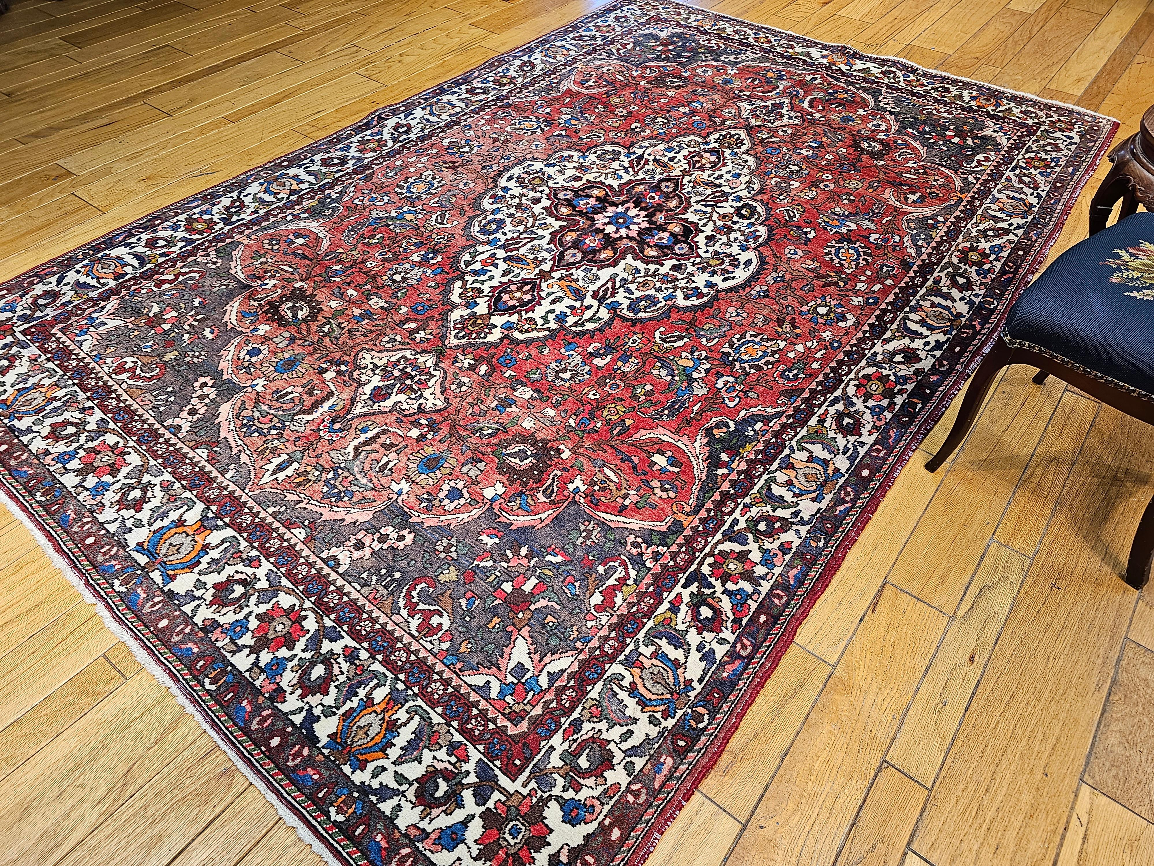 Vintage Persian Bakhtiari Room Size Rug in Medallion Floral Pattern in Brick Red For Sale 6