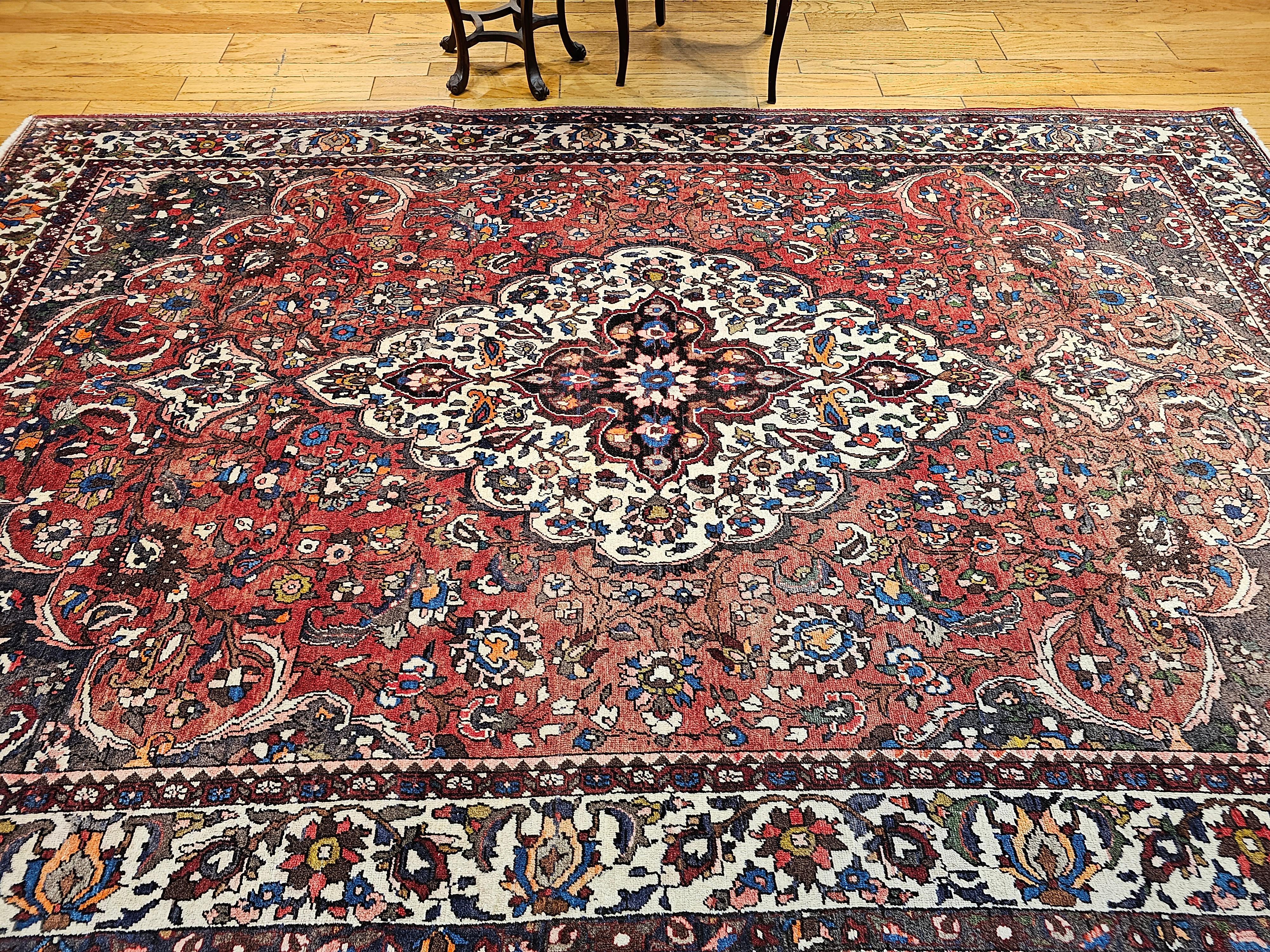 Vintage Persian Bakhtiari Room Size Rug in Medallion Floral Pattern in Brick Red For Sale 7