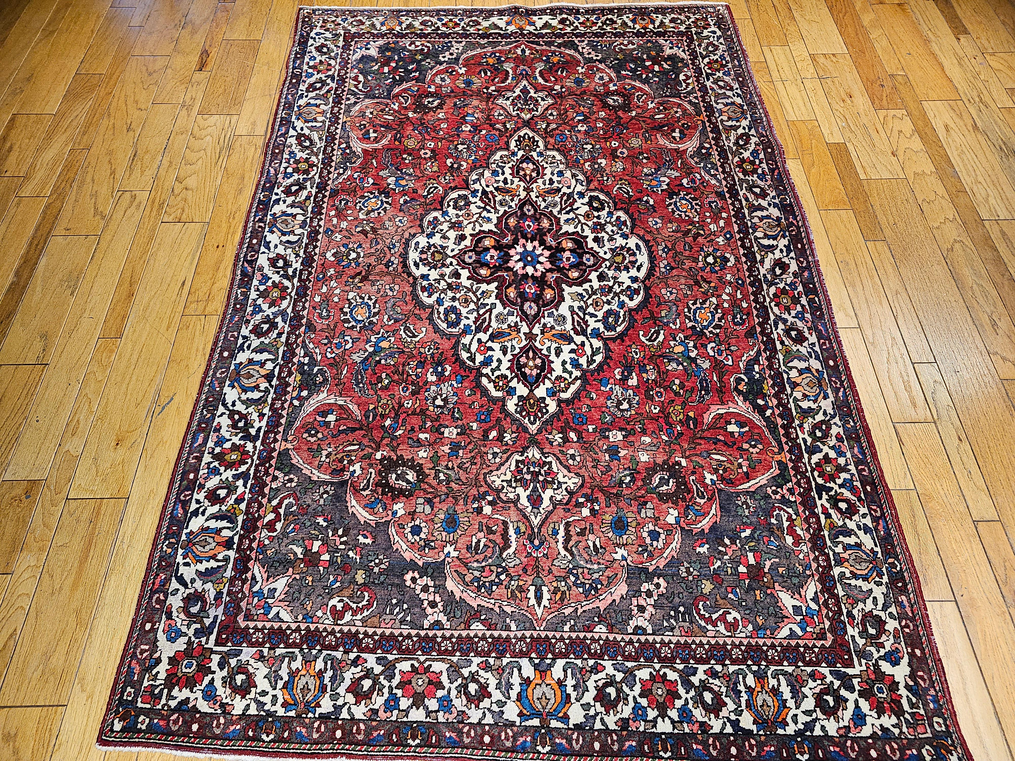 Vintage Persian Bakhtiari Room Size Rug in Medallion Floral Pattern in Brick Red For Sale 10