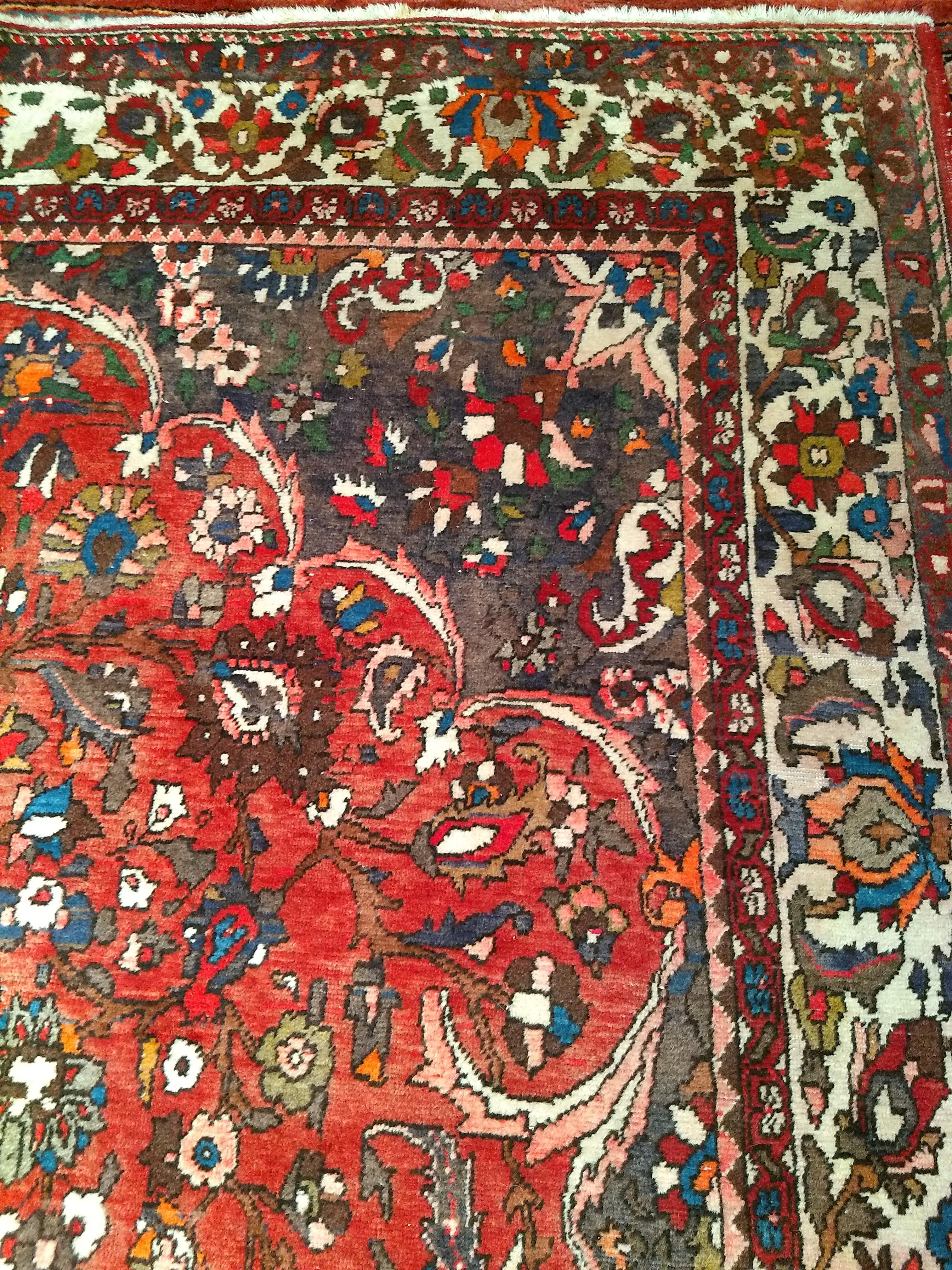 Vintage Persian Bakhtiari Room Size Rug in Medallion Floral Pattern in Brick Red For Sale 3