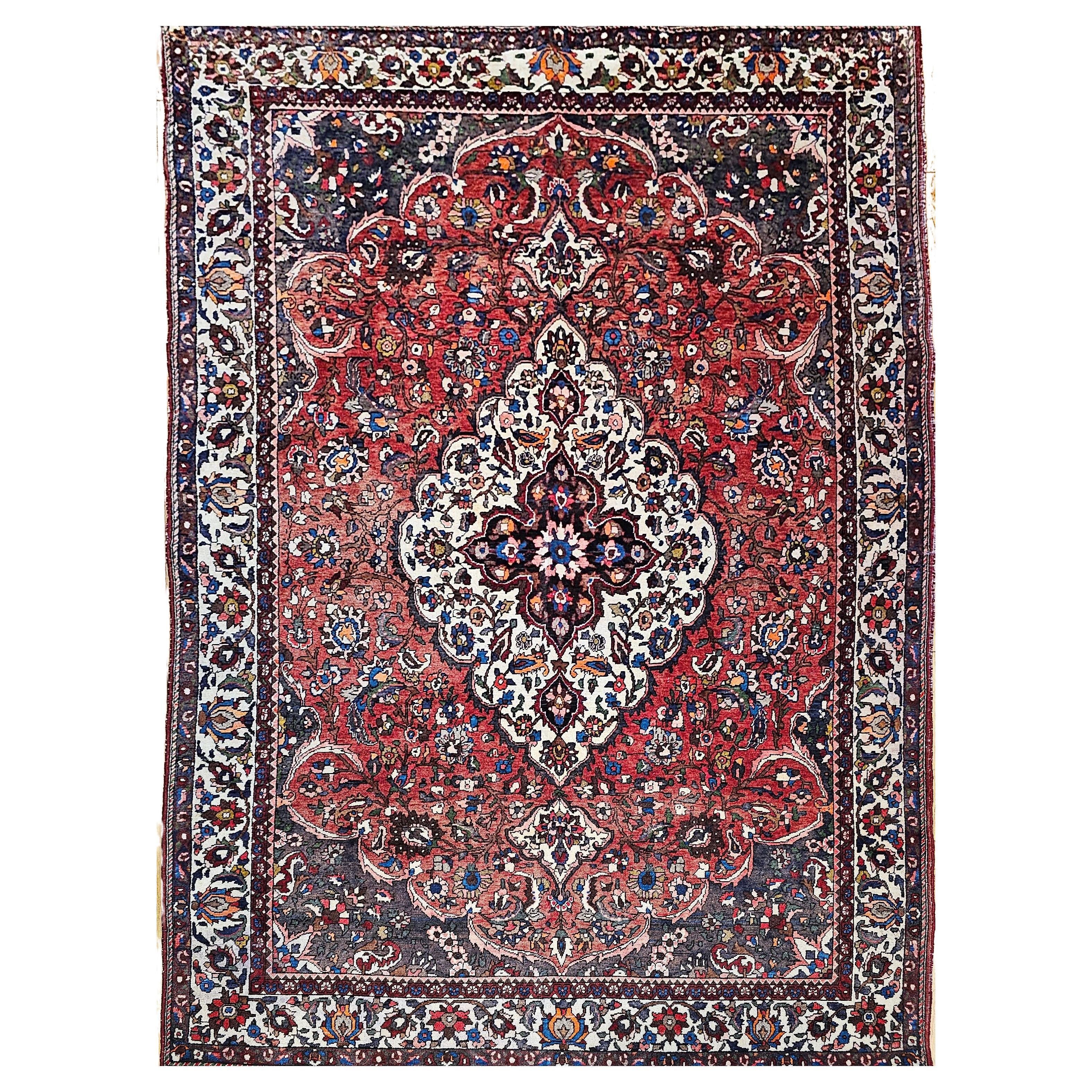 Vintage Persian Bakhtiari Room Size Rug in Medallion Floral Pattern in Brick Red For Sale