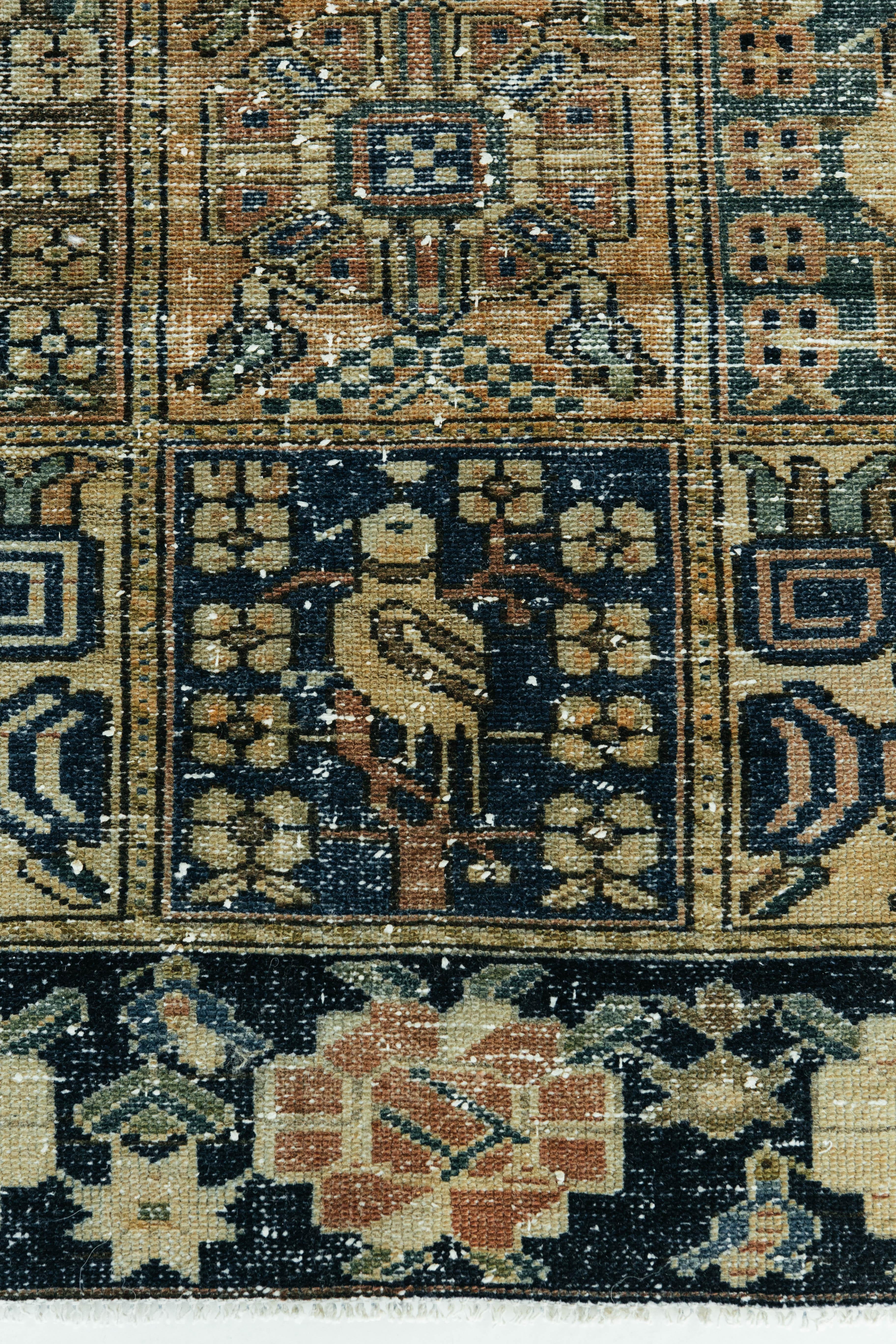 Un tapis Vintage Byne Design/One tissé dans les montagnes Zagros en Iran. Ce tapis au motif de jardin utilise des couleurs vives pour créer des compartiments carrés remplis de motifs naturels, tels que des saules, des vignes et des oiseaux. Cette