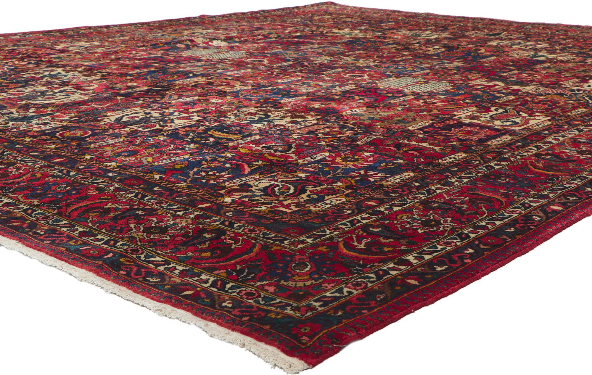 61096 vintage Persian Bakhtiari rug, 10'02 x 13'03.
With its classic four seasons panel design, incredible detail and texture, this hand-knotted wool vintage Persian Bakhtiari rug is poised to impress. The eye-catching botanical pattern and