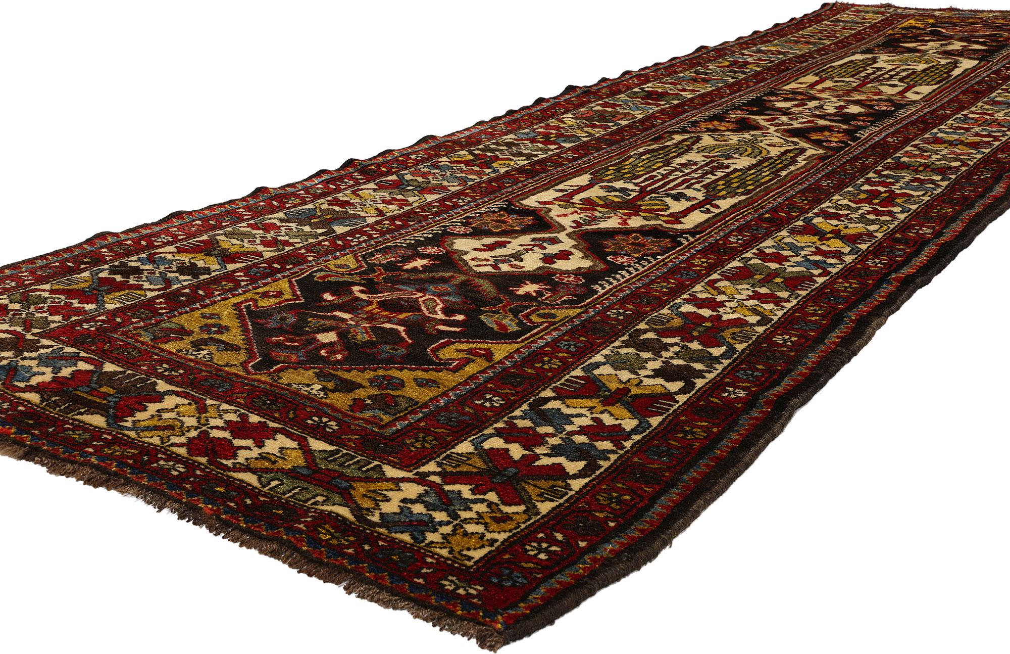 53879 Vintage Persian Bakhtiari Rug Runner, 03'06 x 12'02. Persian Bakhtiari carpet runners are long, narrow rugs handwoven by the Bakhtiari tribe in the Zagros Mountains of Iran. Renowned for their exquisite craftsmanship and intricate designs,