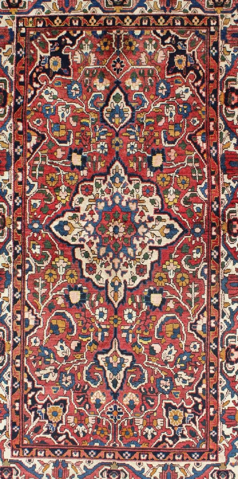 Tribal Vintage Persian Bakhtiari Rug with Floral Medallion Design in Red