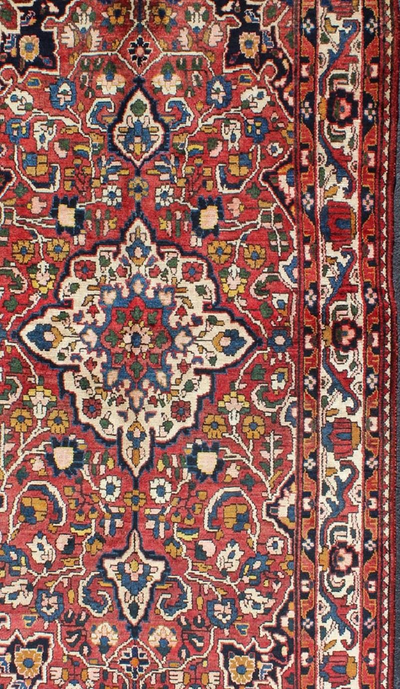 Hand-Knotted Vintage Persian Bakhtiari Rug with Floral Medallion Design in Red