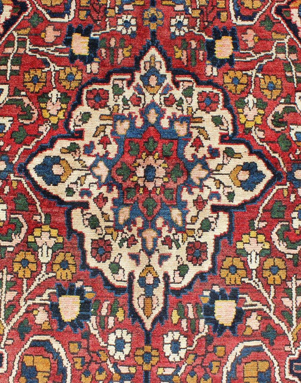 Wool Vintage Persian Bakhtiari Rug with Floral Medallion Design in Red