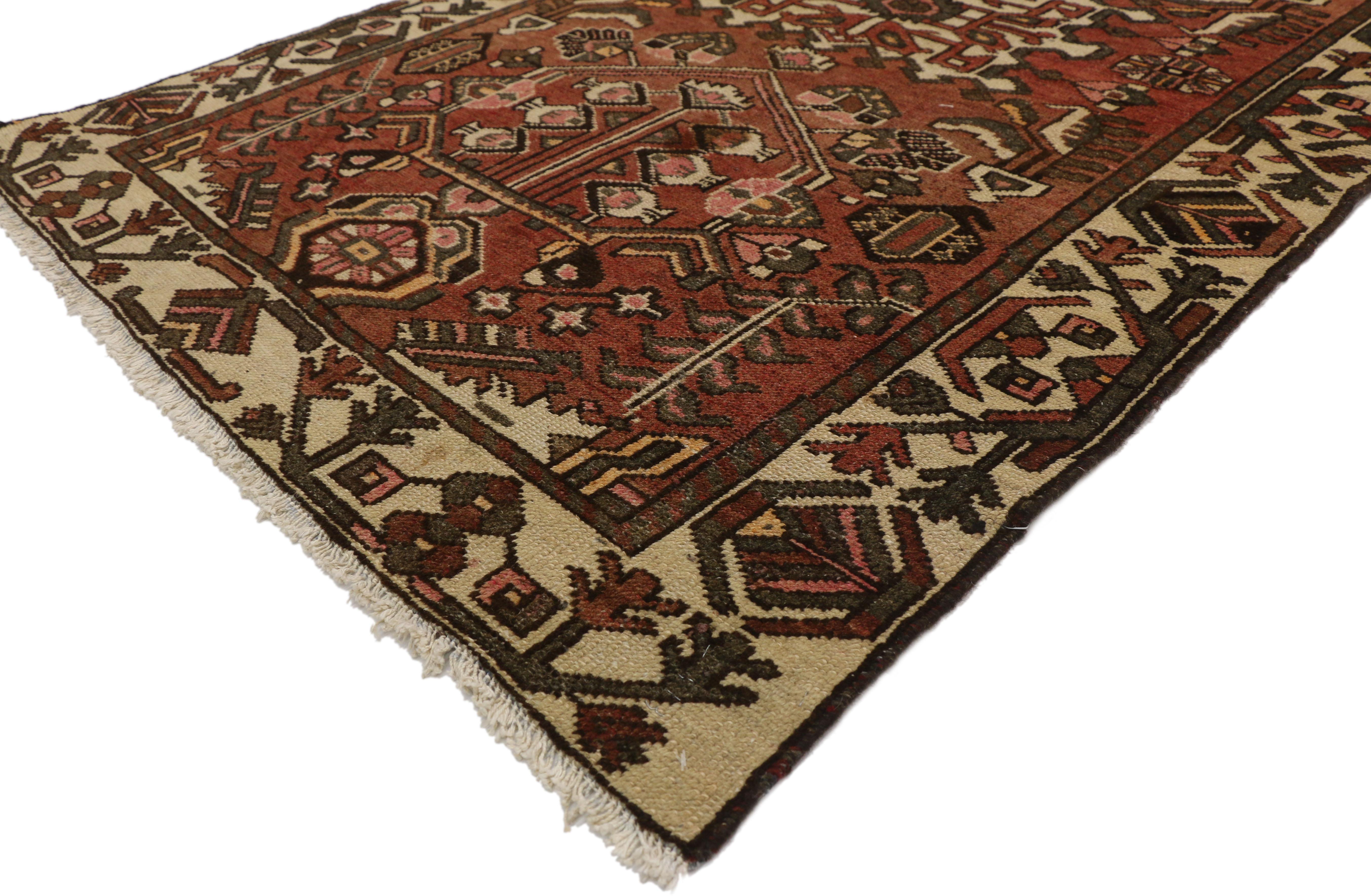 75278, vintage Persian Bakhtiari rug with Mid-Century Modern style. With its bold geometric pattern and angular designs, this hand-knotted wool vintage Persian Bakhtiari rug embodies Art Deco and Mid-Century Modern style. It features a center square